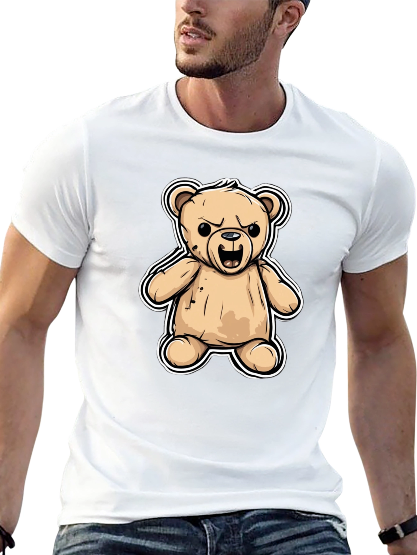 Mens Black T-Shirt with Cartoon Angry Teddy Bear Design
