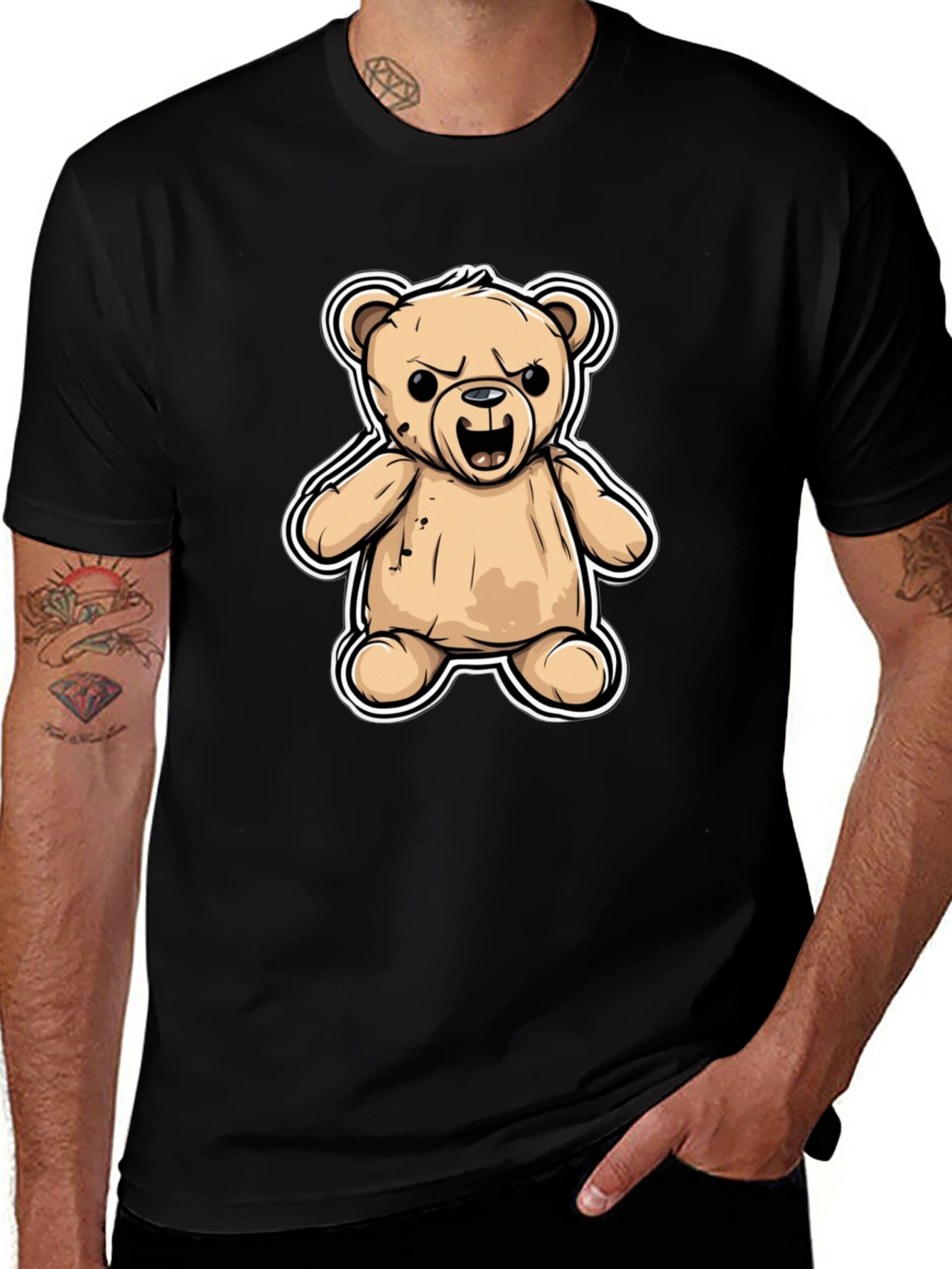 Mens Black T-Shirt with Cartoon Angry Teddy Bear Design