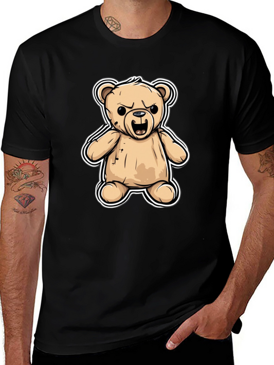 Mens Black T-Shirt with Cartoon Angry Teddy Bear Design