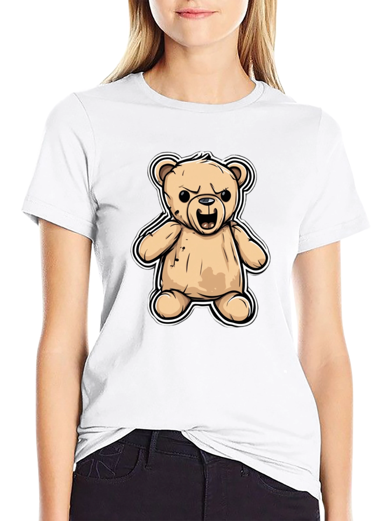 Mens Black T-Shirt with Cartoon Angry Teddy Bear Design