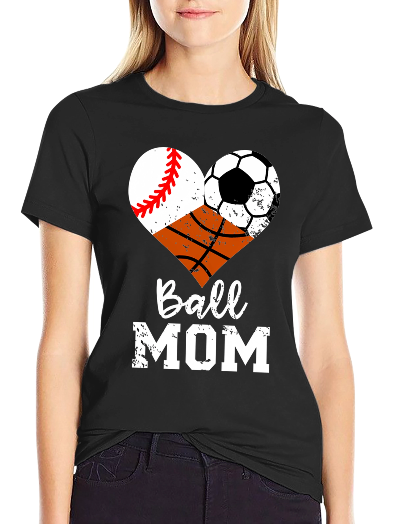Ball Mom Graphic T-Shirt - Baseball Soccer Basketball Heart