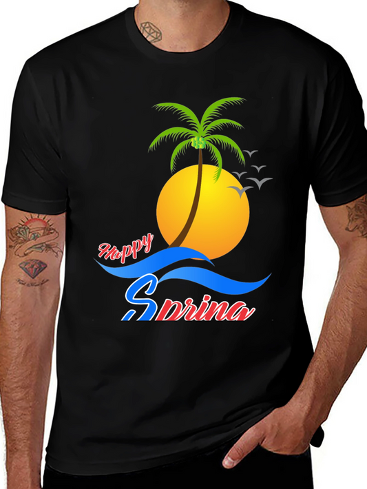 Happy Spring Black Tee - Palm Tree Design