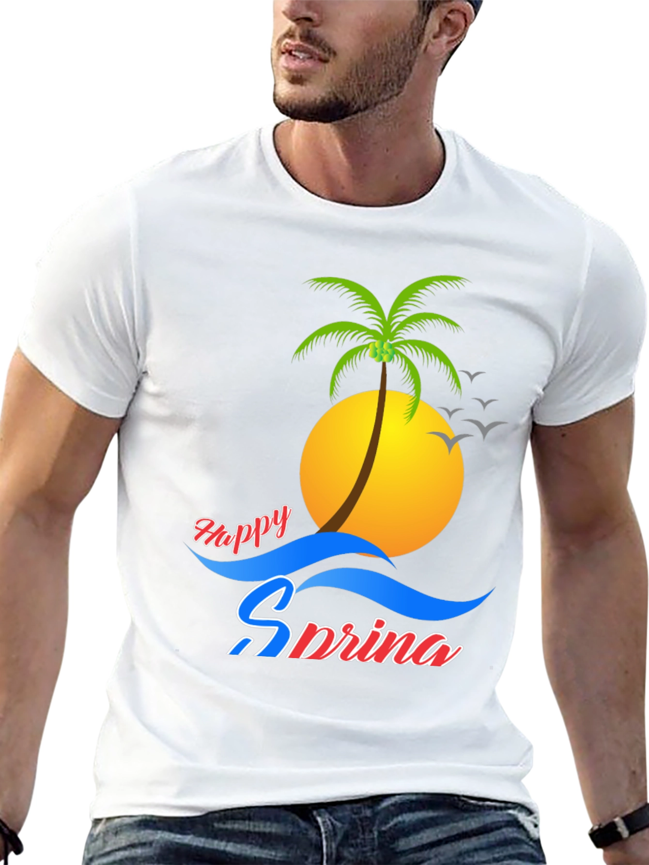 Happy Spring Black Tee - Palm Tree Design
