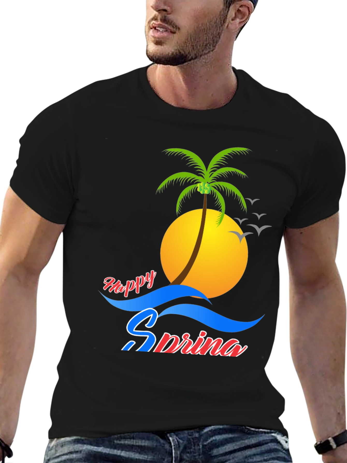 Happy Spring Black Tee - Palm Tree Design