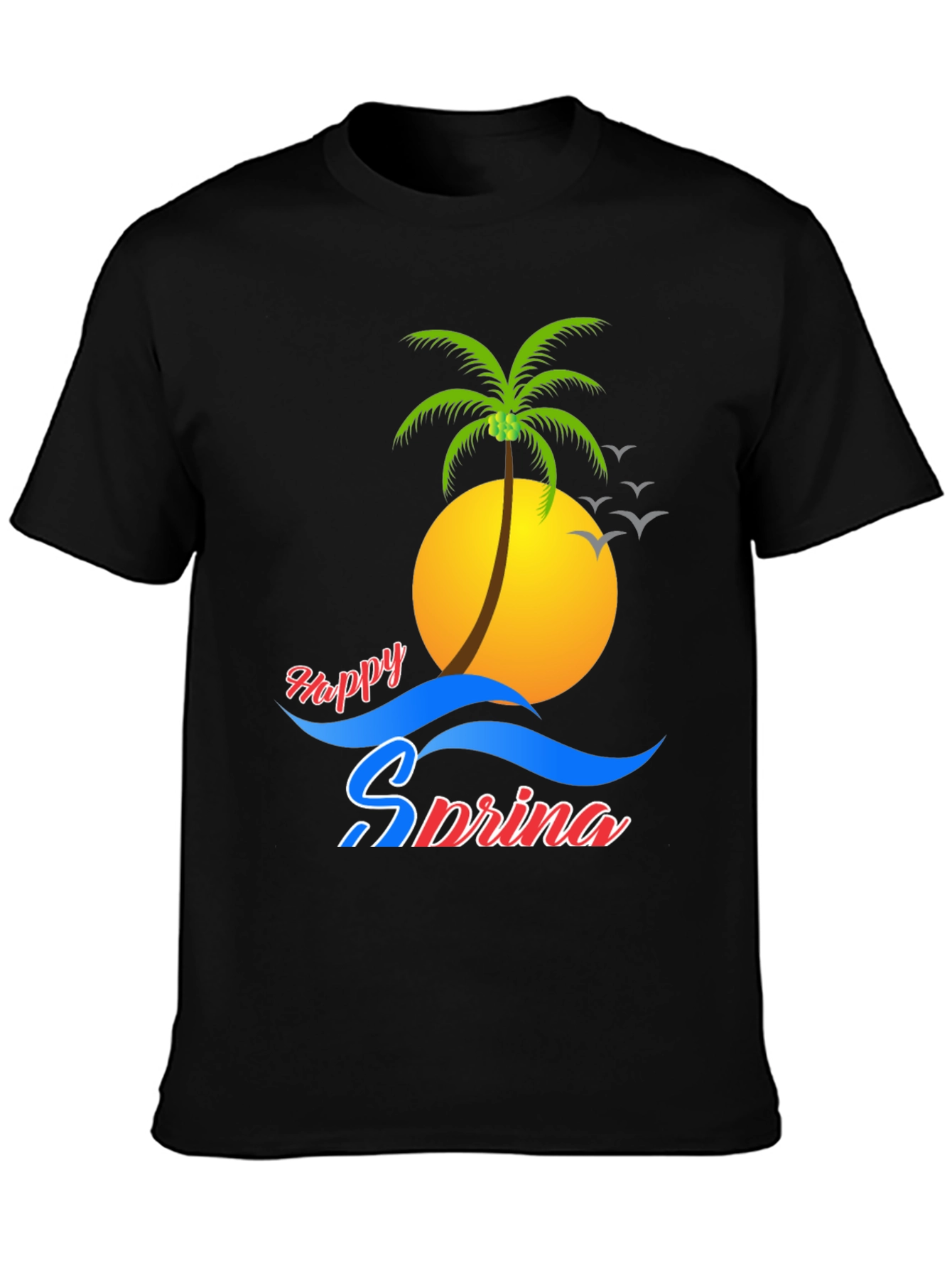 Happy Spring Black Tee - Palm Tree Design