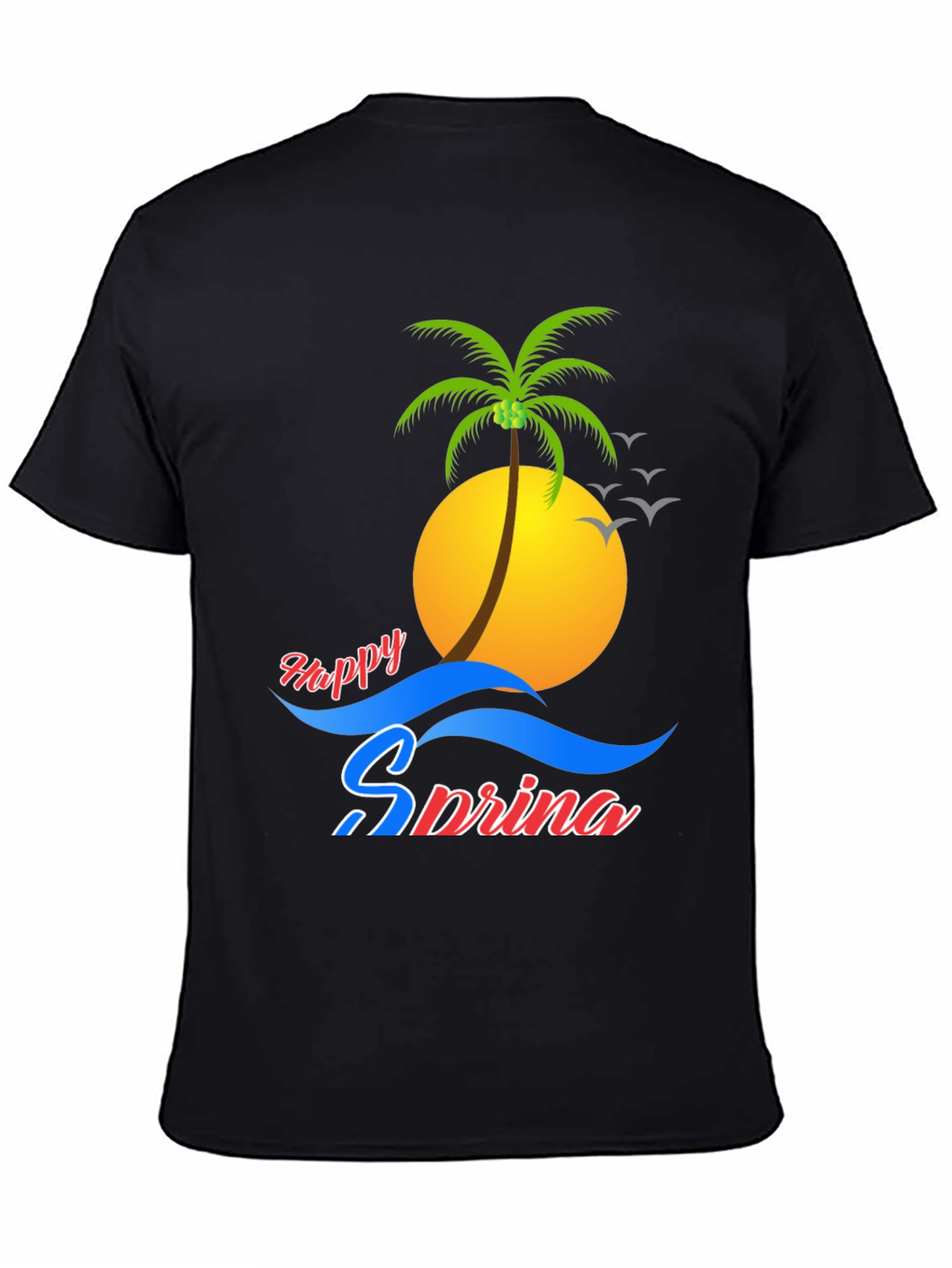 Happy Spring Black Tee - Palm Tree Design