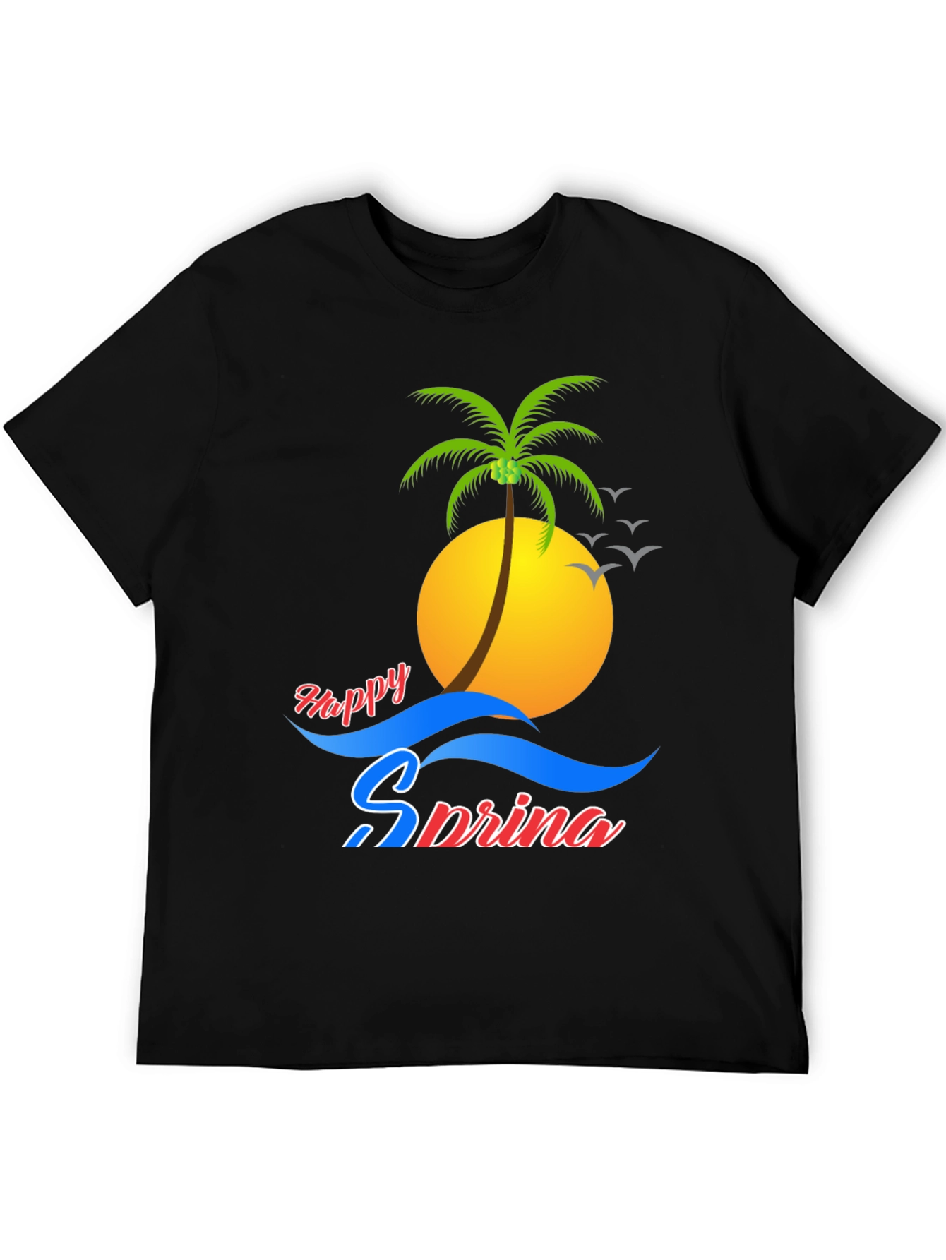 Happy Spring Black Tee - Palm Tree Design