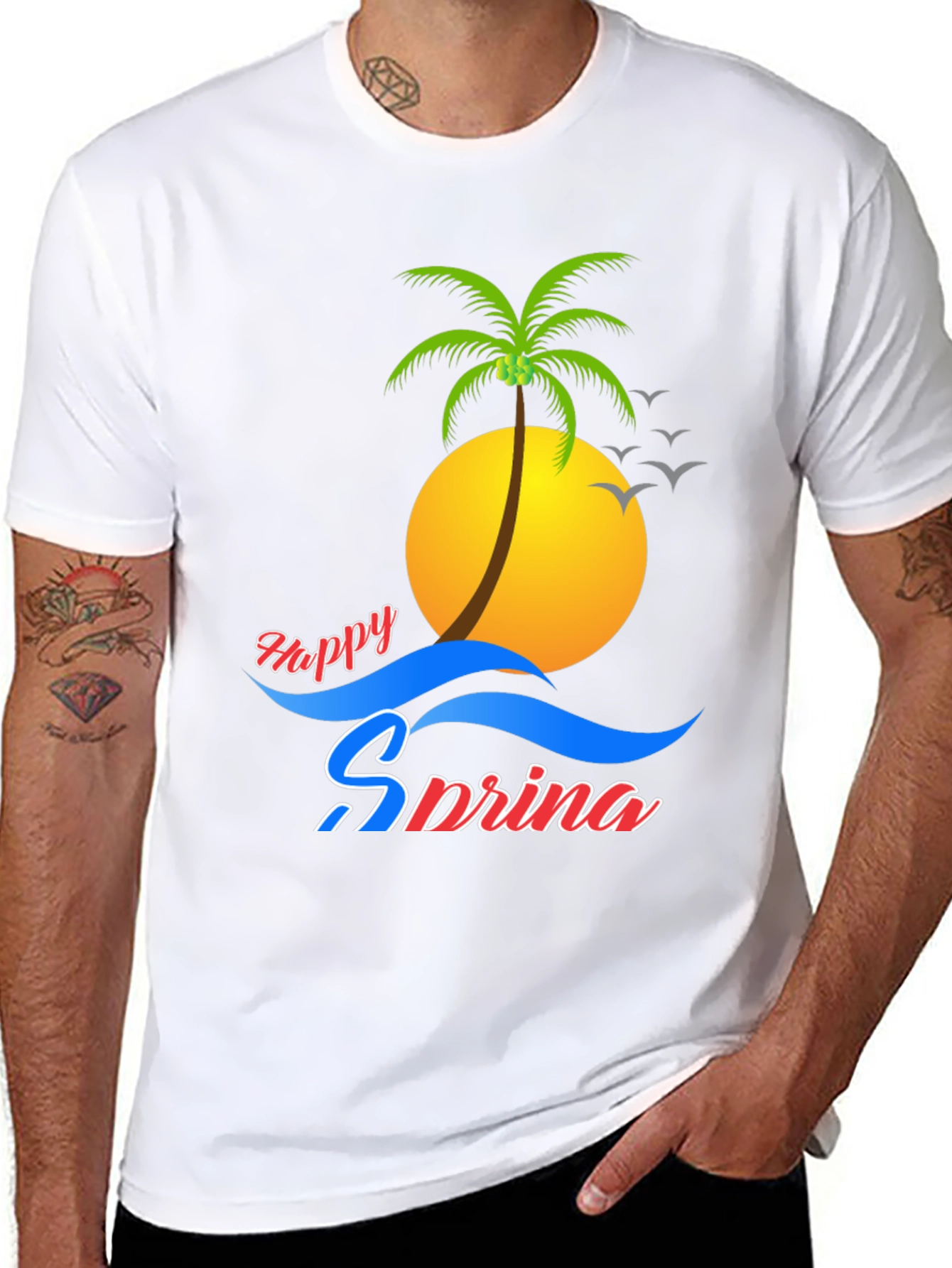 Happy Spring Black Tee - Palm Tree Design