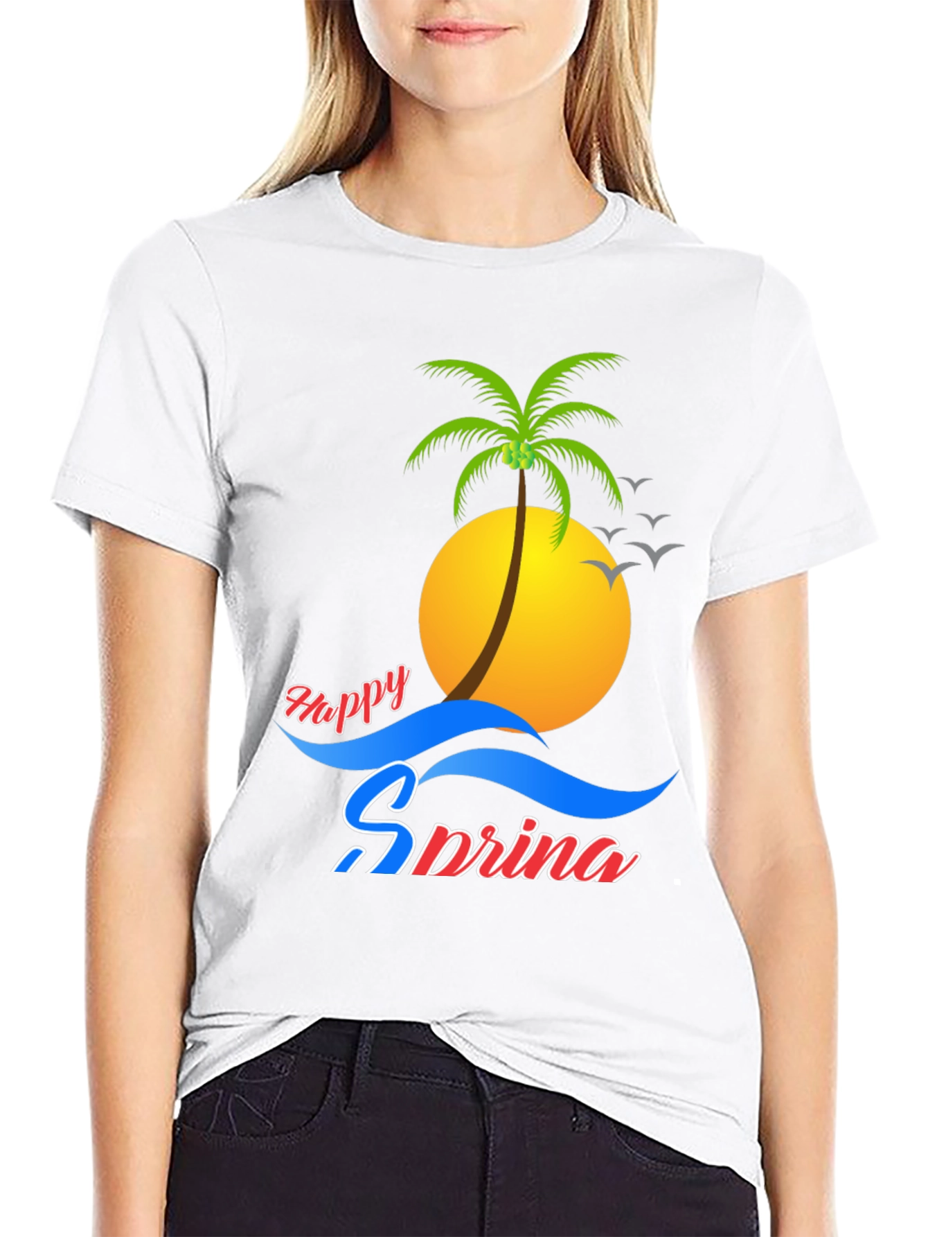 Happy Spring Black Tee - Palm Tree Design