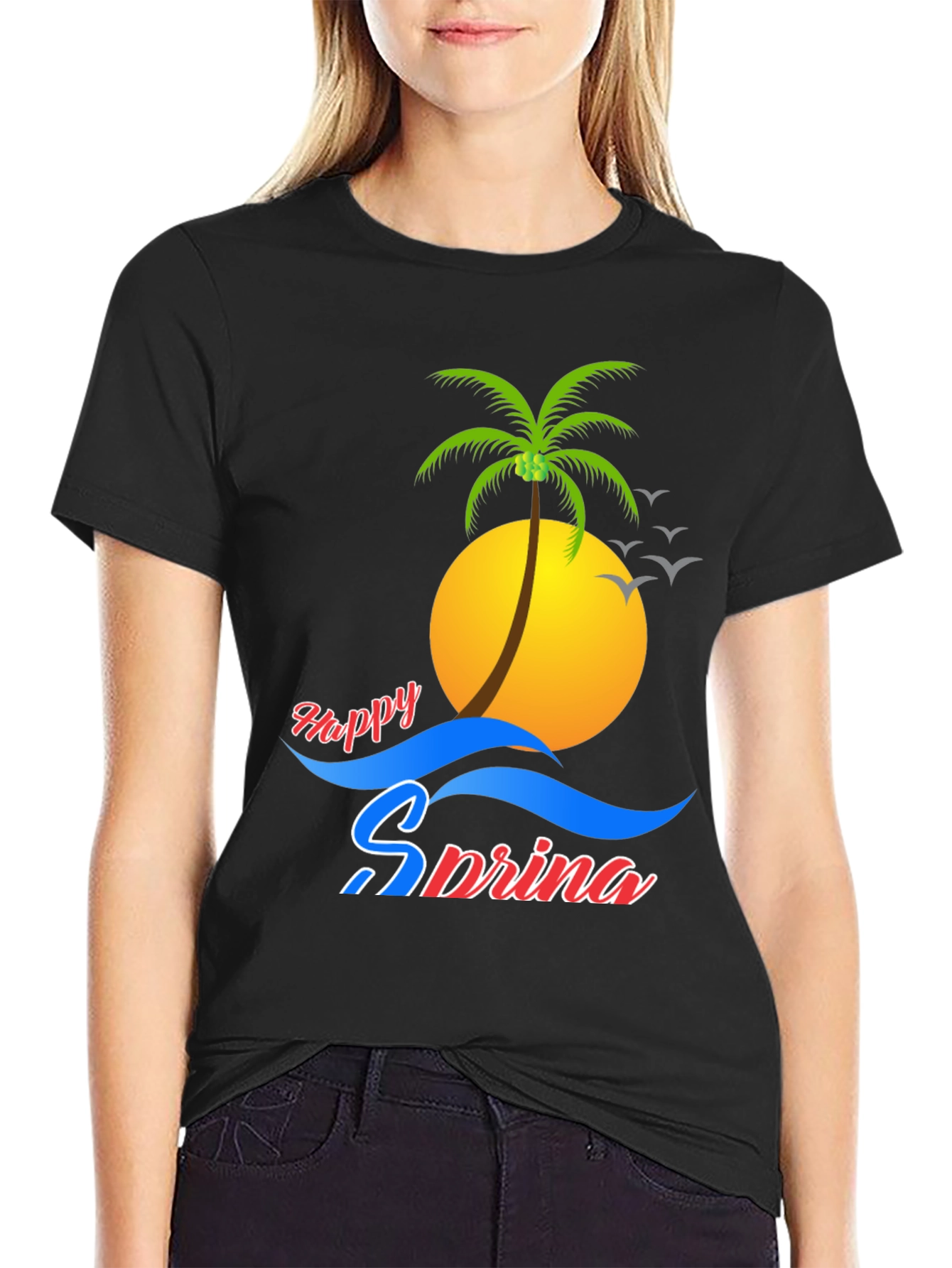Happy Spring Black Tee - Palm Tree Design