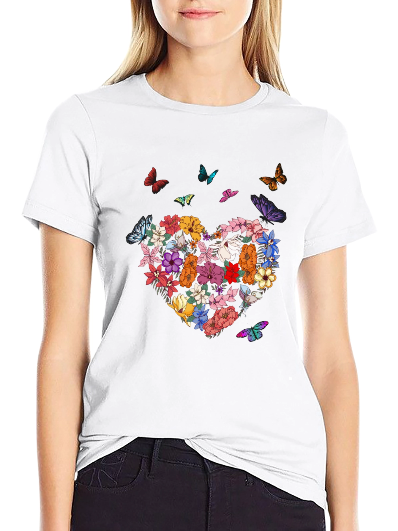 Floral Heart & Butterfly Graphic Tee
