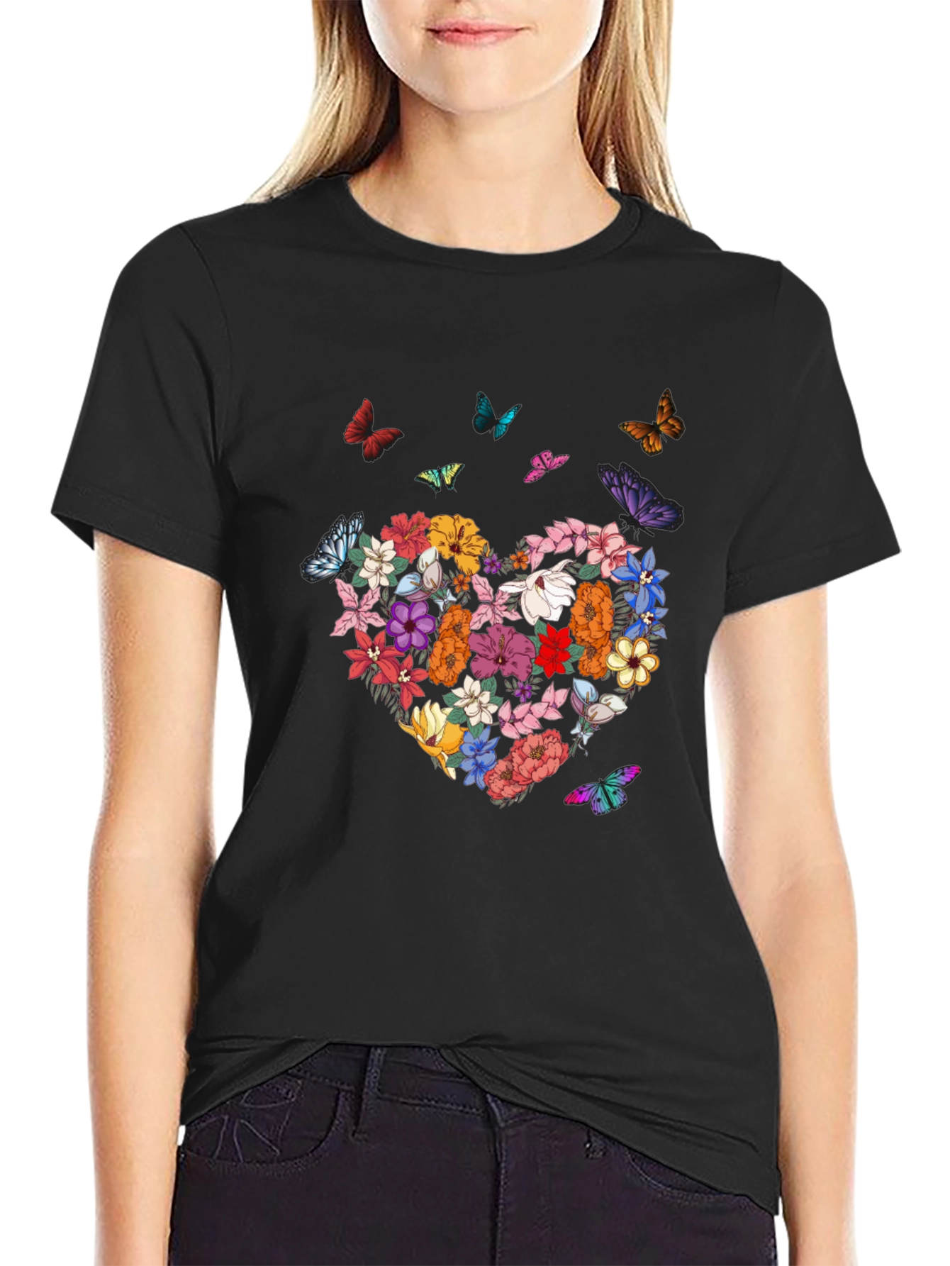 Floral Heart & Butterfly Graphic Tee