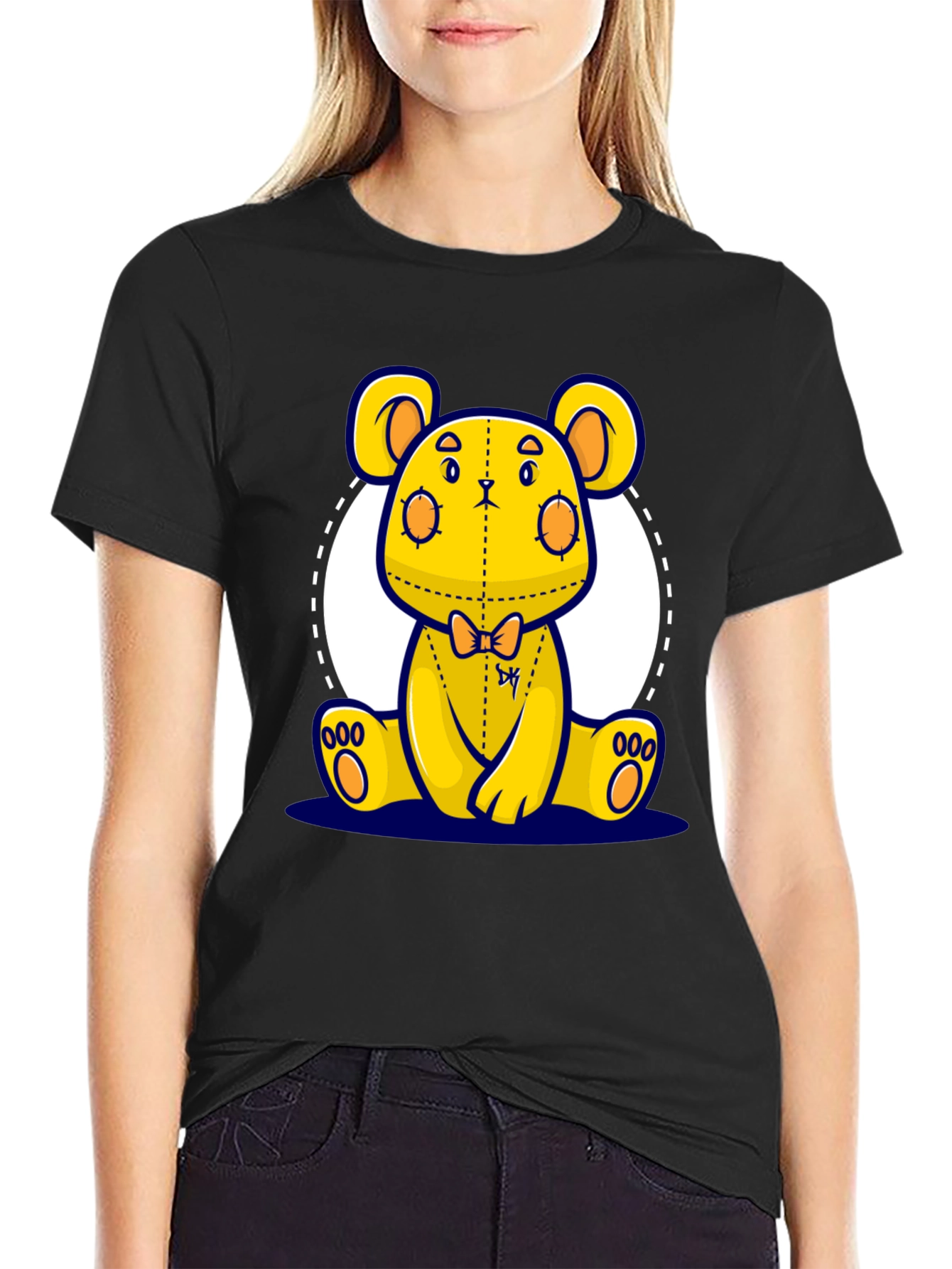 Cute Cartoon Yellow Bear Graphic Black T-Shirt