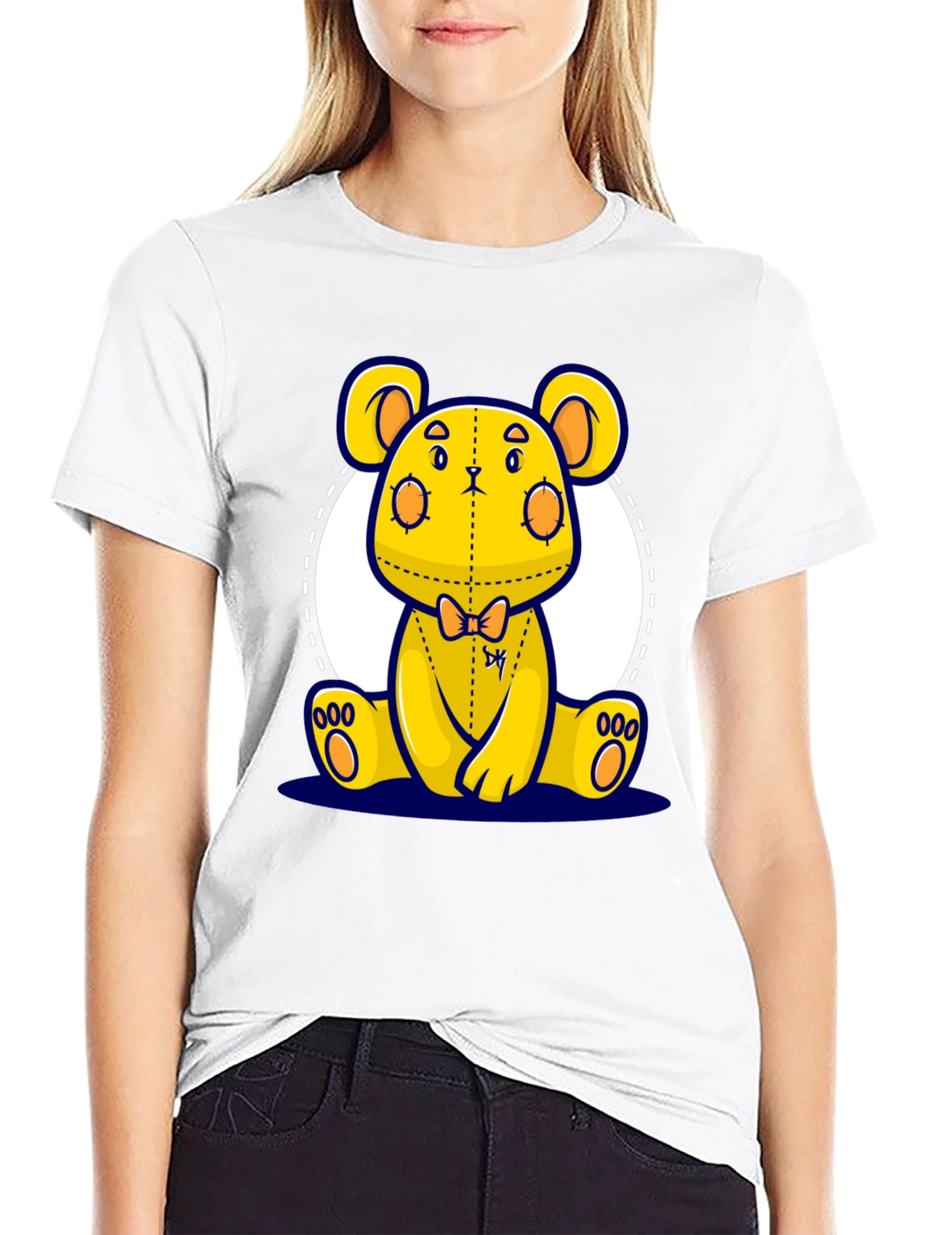 Cute Cartoon Yellow Bear Graphic Black T-Shirt