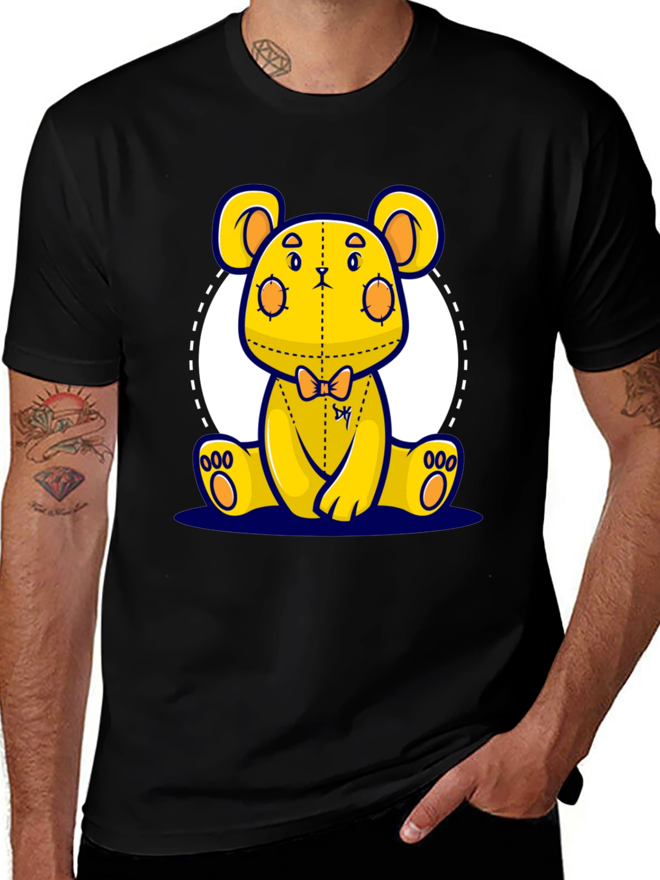 Cute Cartoon Yellow Bear Graphic Black T-Shirt