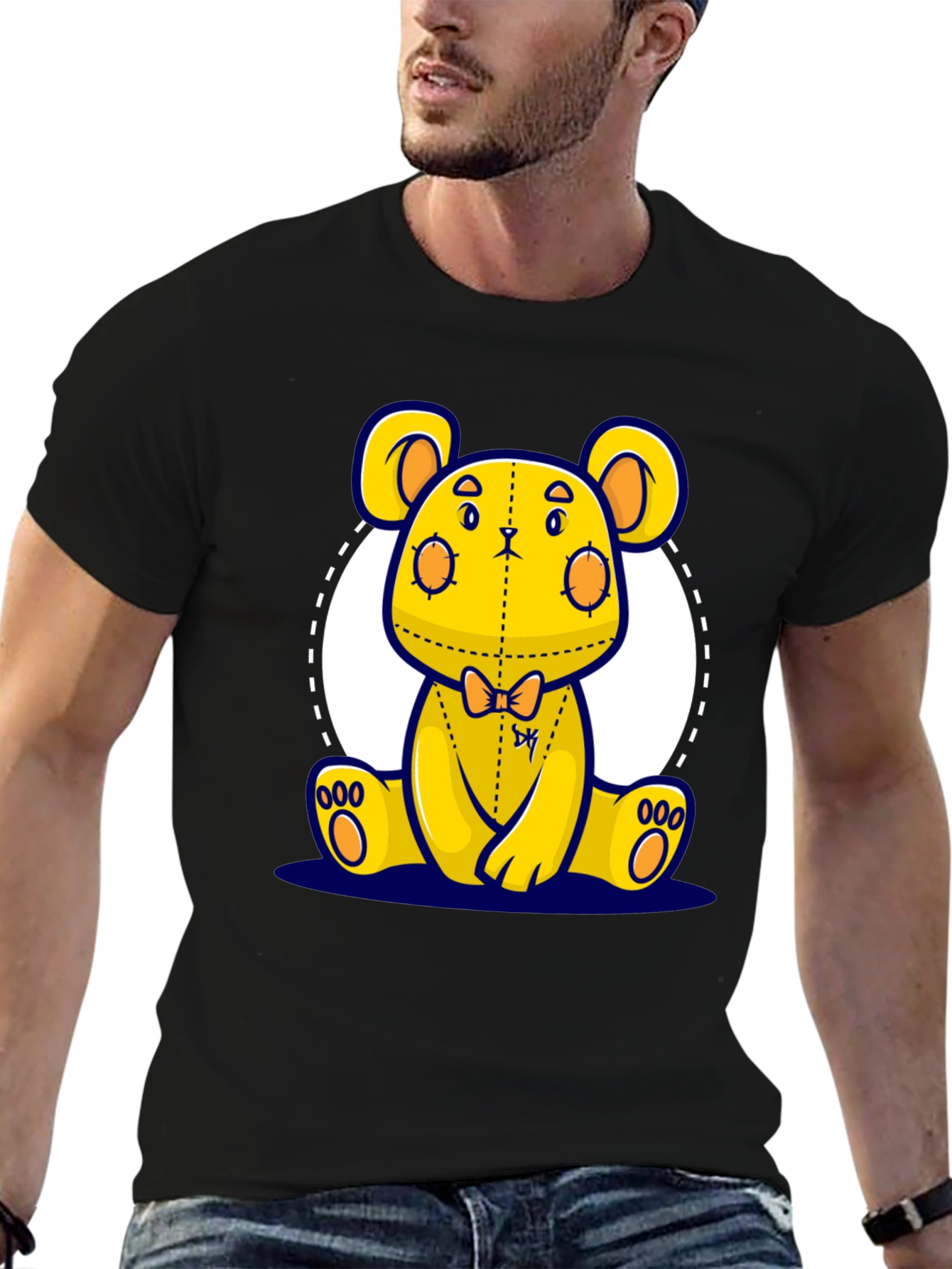Cute Cartoon Yellow Bear Graphic Black T-Shirt