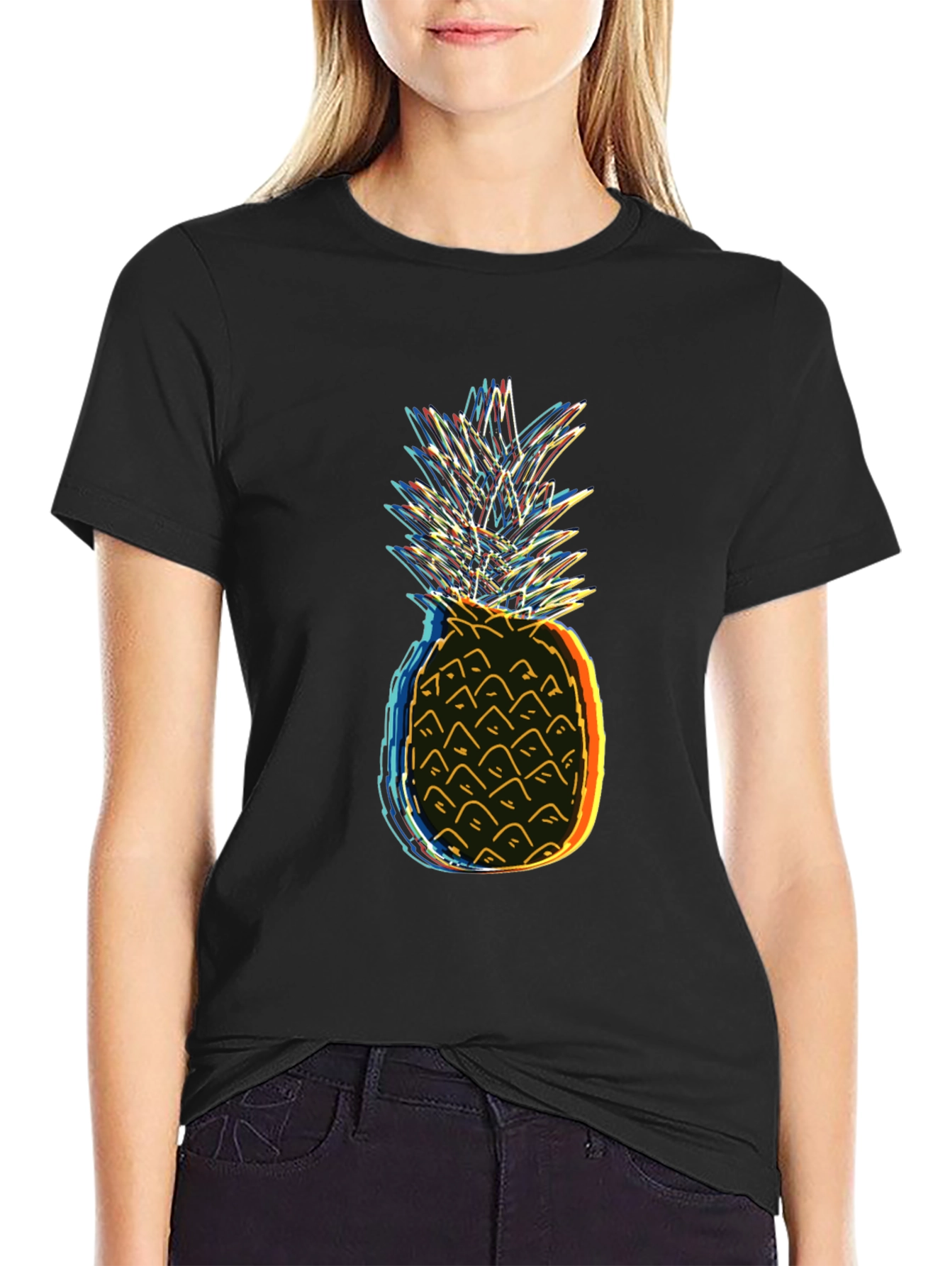 Neon Pineapple Graphic Tee - Black Cotton T-Shirt