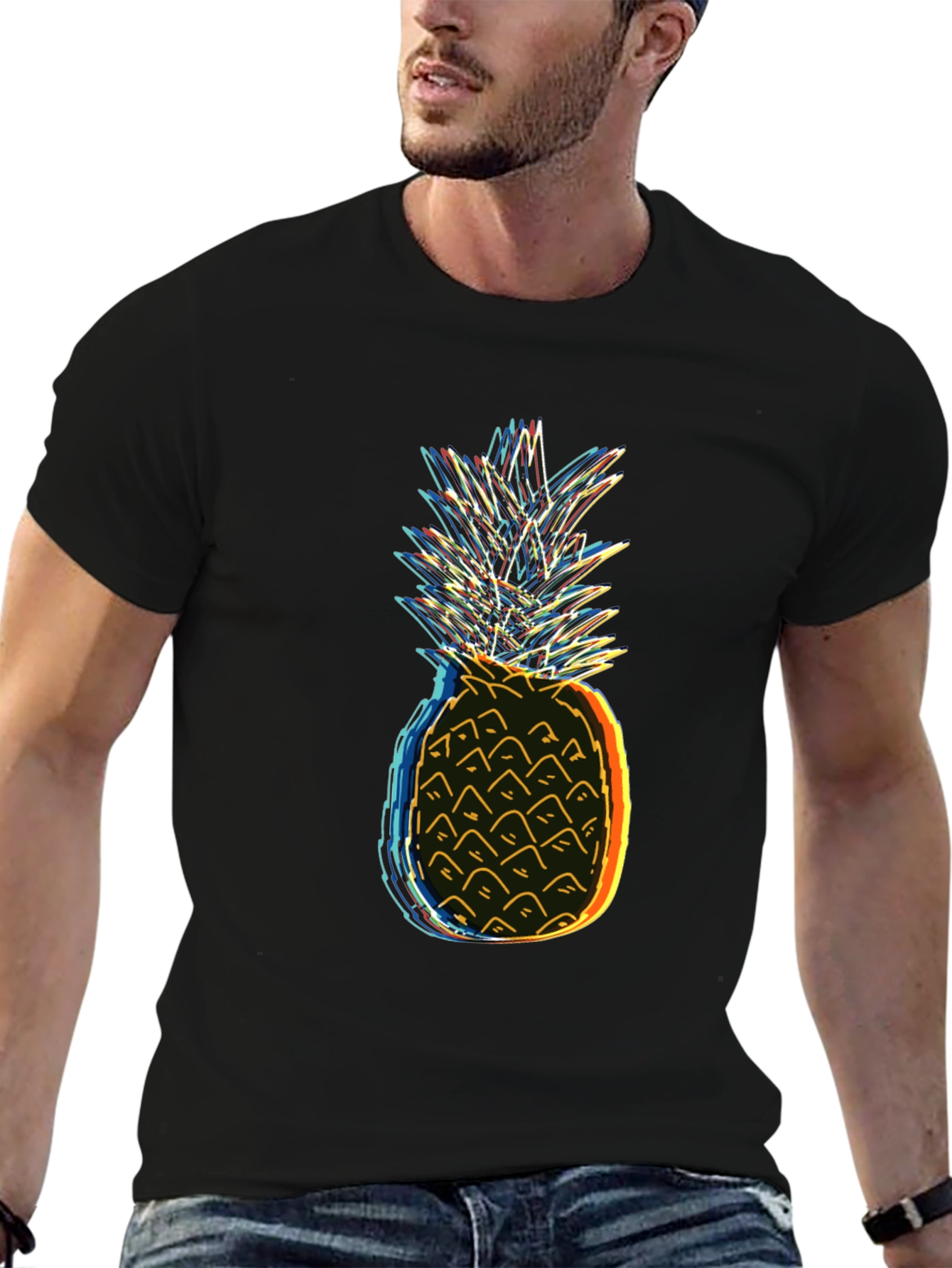 Neon Pineapple Graphic Tee - Black Cotton T-Shirt
