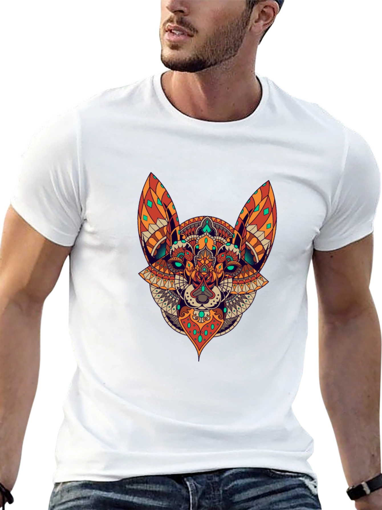Black T-Shirt with Animal Mandala Design