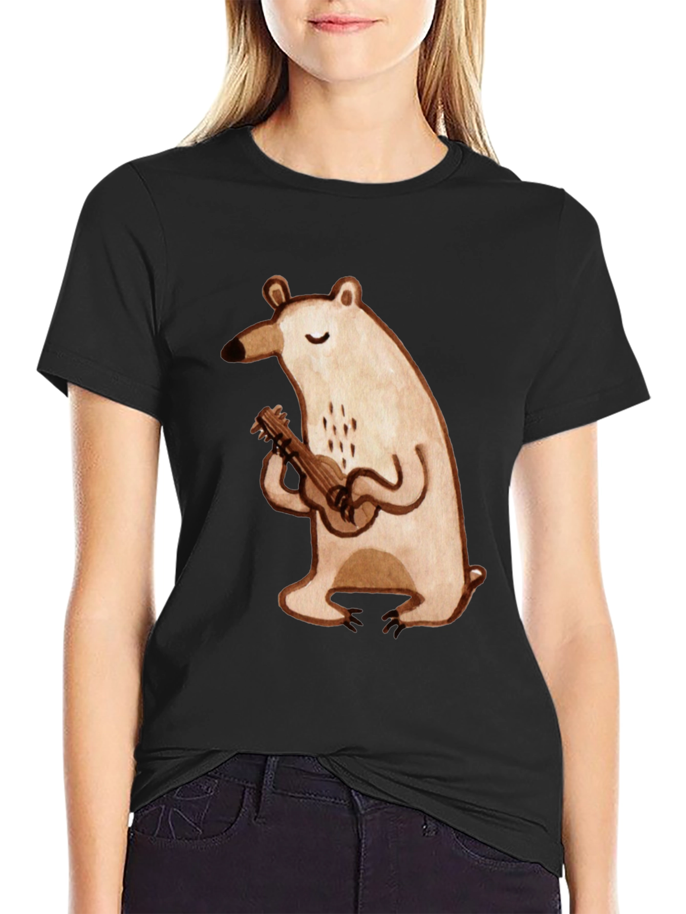 Bear Ukulele Graphic Tee - Soft Cotton Black T-Shirt