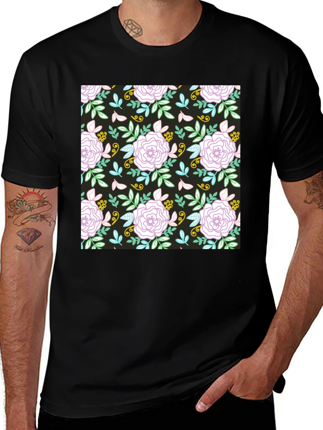 Floral Pattern Graphic Tee - Black