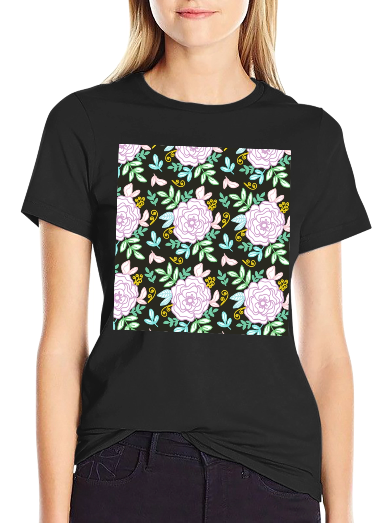 Floral Pattern Graphic Tee - Black