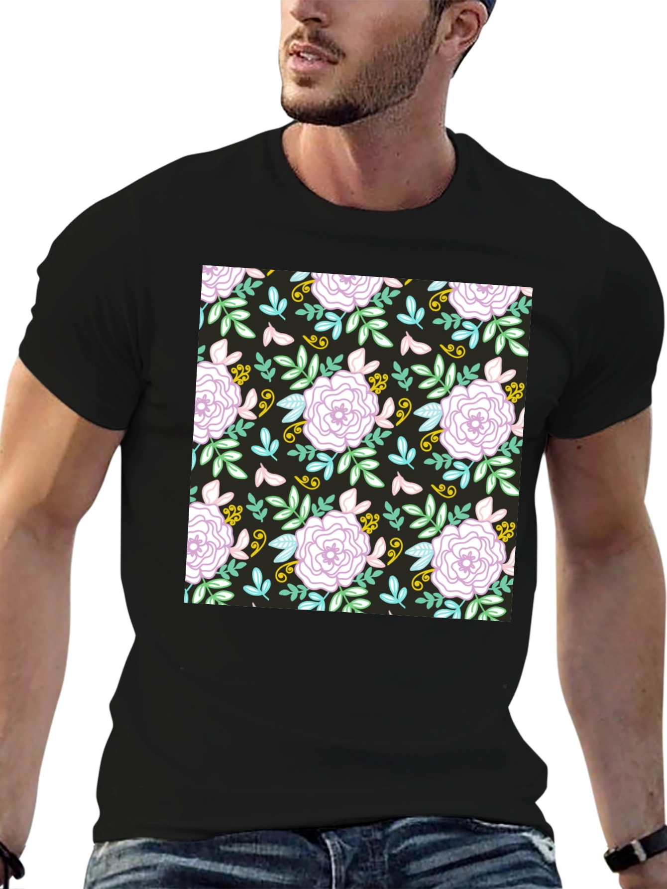 Floral Pattern Graphic Tee - Black