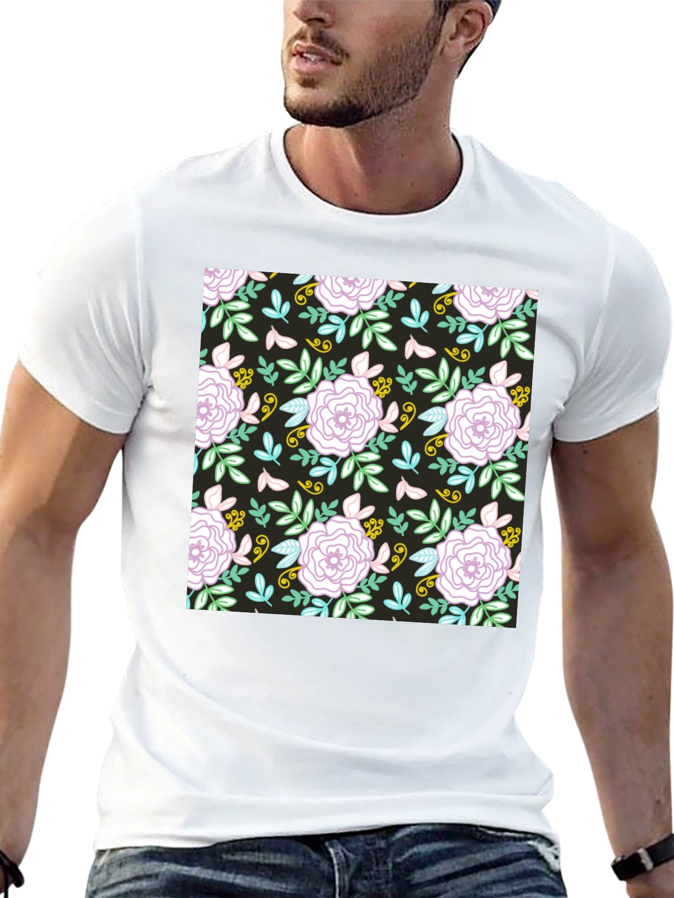 Floral Pattern Graphic Tee - Black
