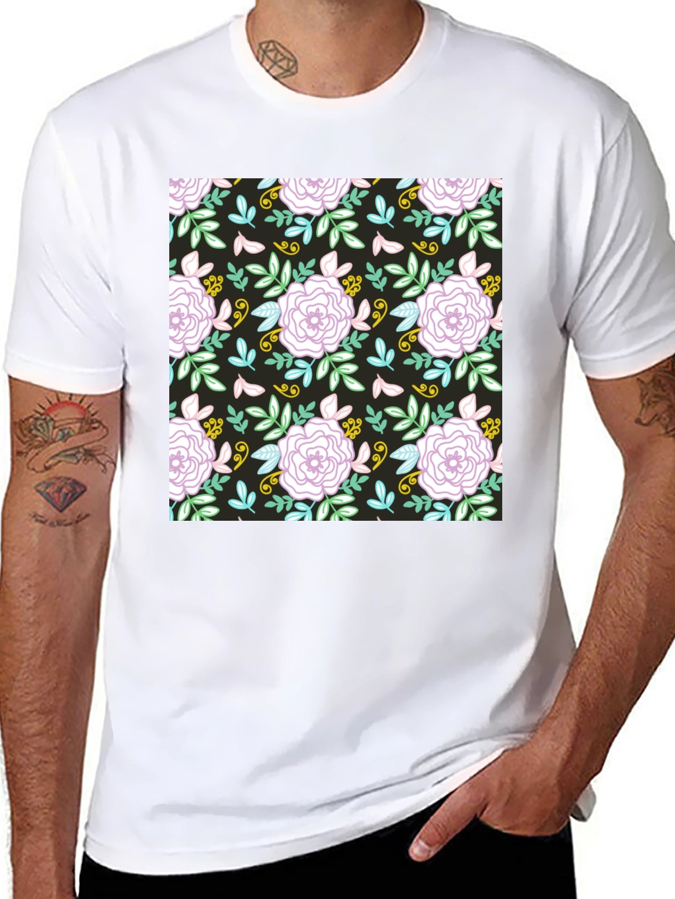 Floral Pattern Graphic Tee - Black
