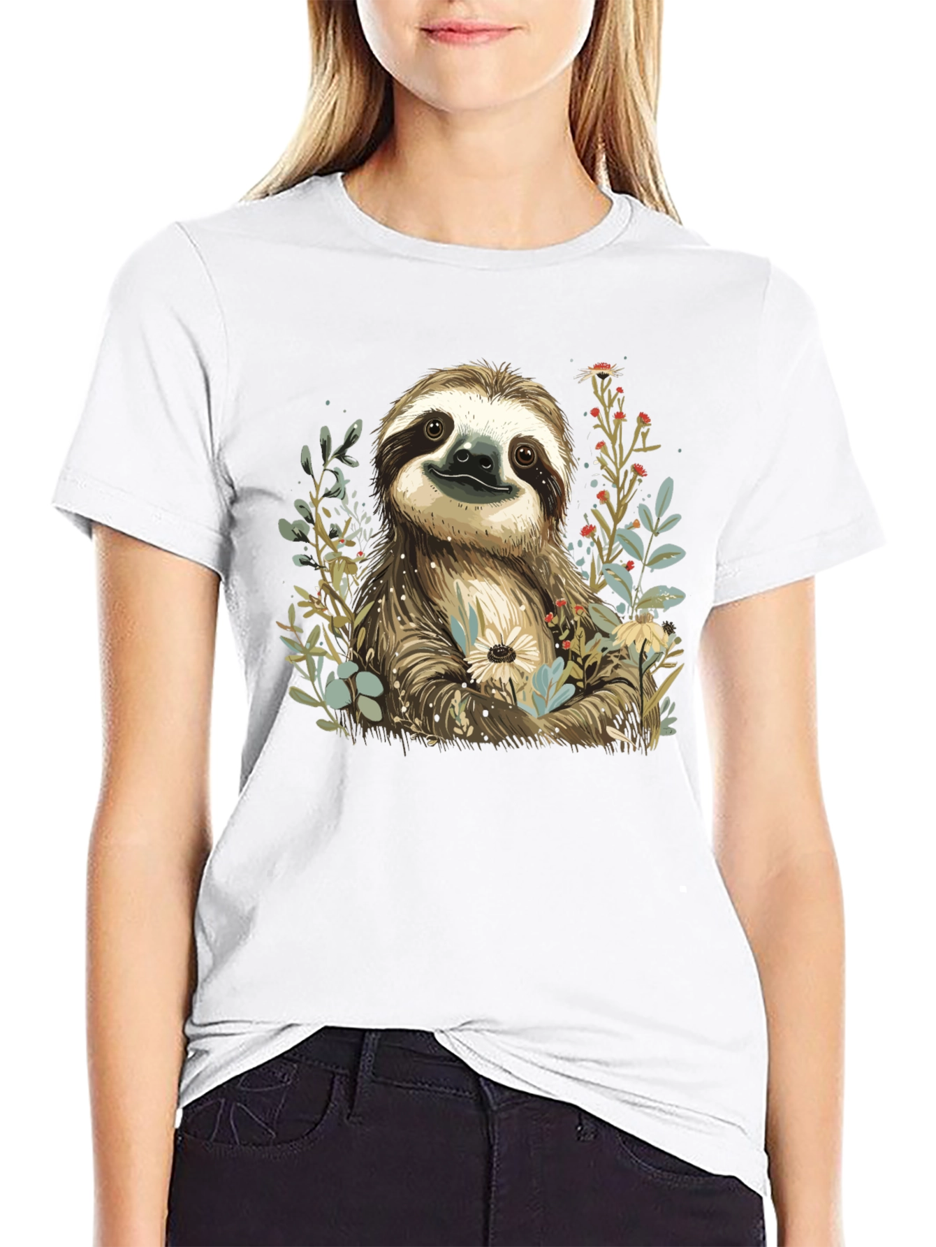 Sloth & Floral Print T-Shirt - Relaxed Fit
