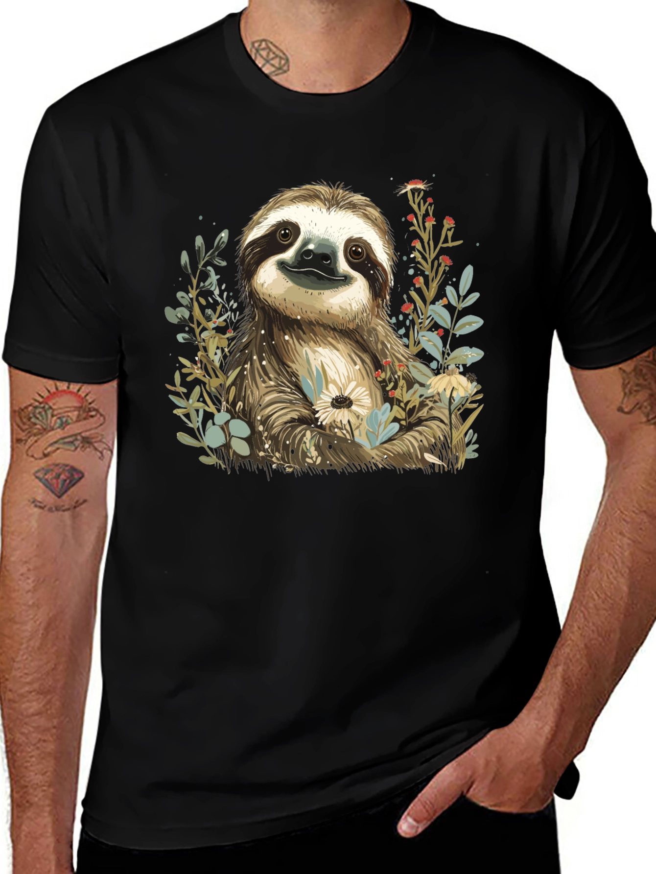 Sloth & Floral Print T-Shirt - Relaxed Fit