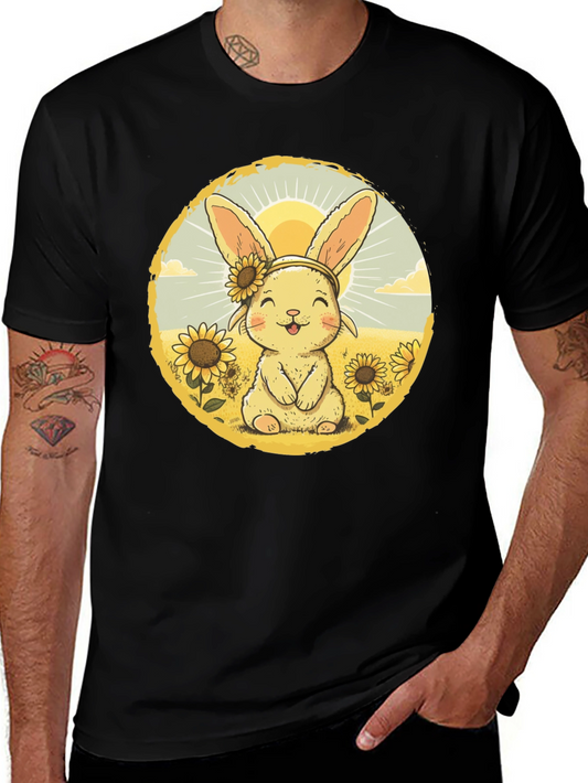 Cute Bunny & Sunflower Graphic Tee - Unisex Black T-Shirt
