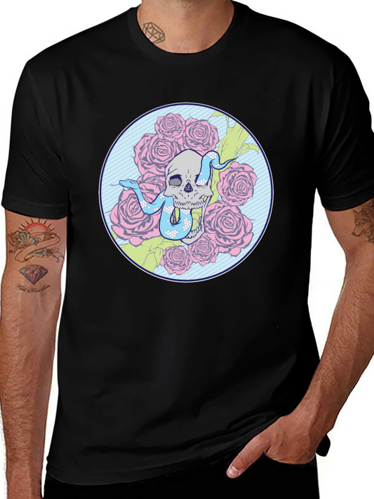 Skull & Snake Roses Graphic Tee - Stylish Black T-Shirt