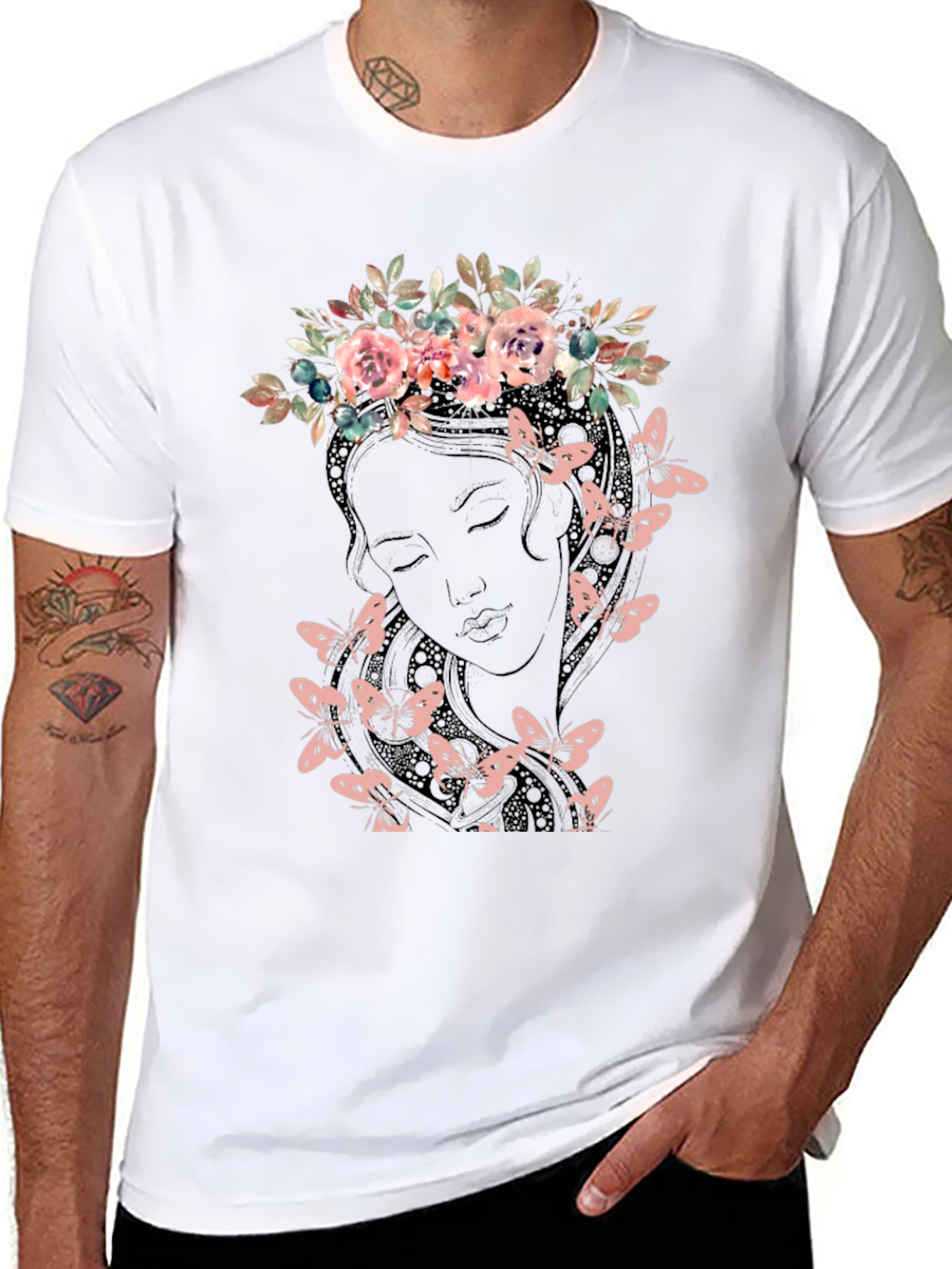 Floral Crown Butterfly Graphic Tee - Black