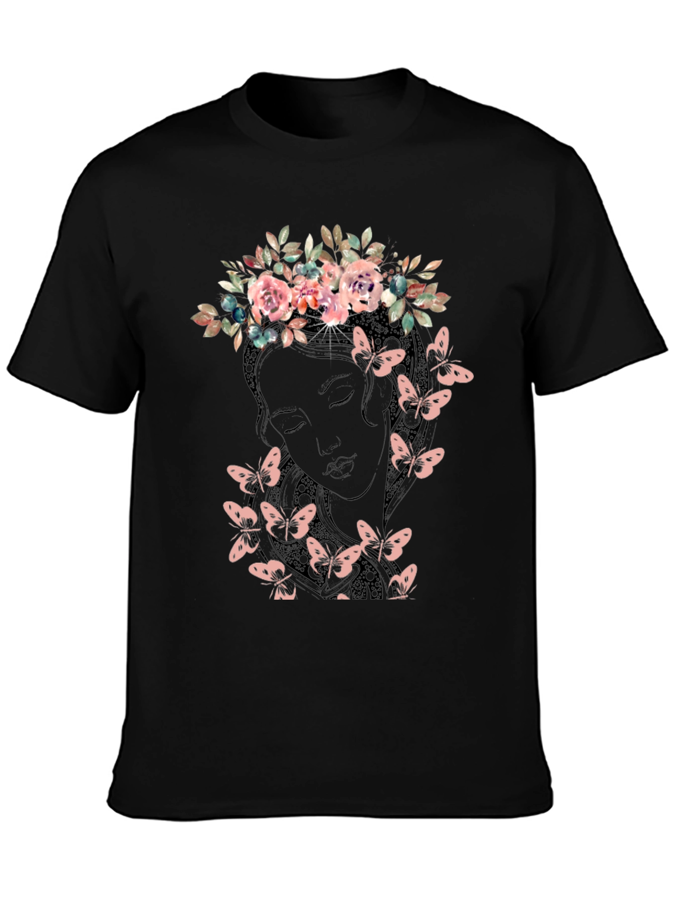 Floral Crown Butterfly Graphic Tee - Black