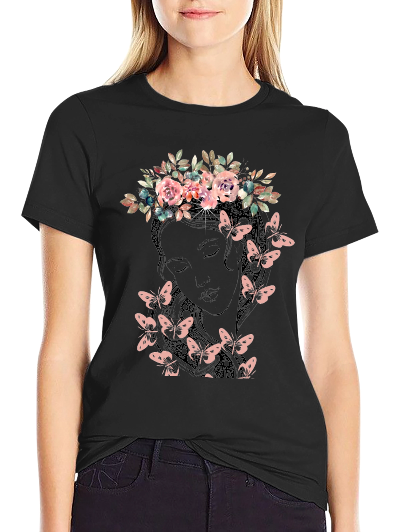 Floral Crown Butterfly Graphic Tee - Black