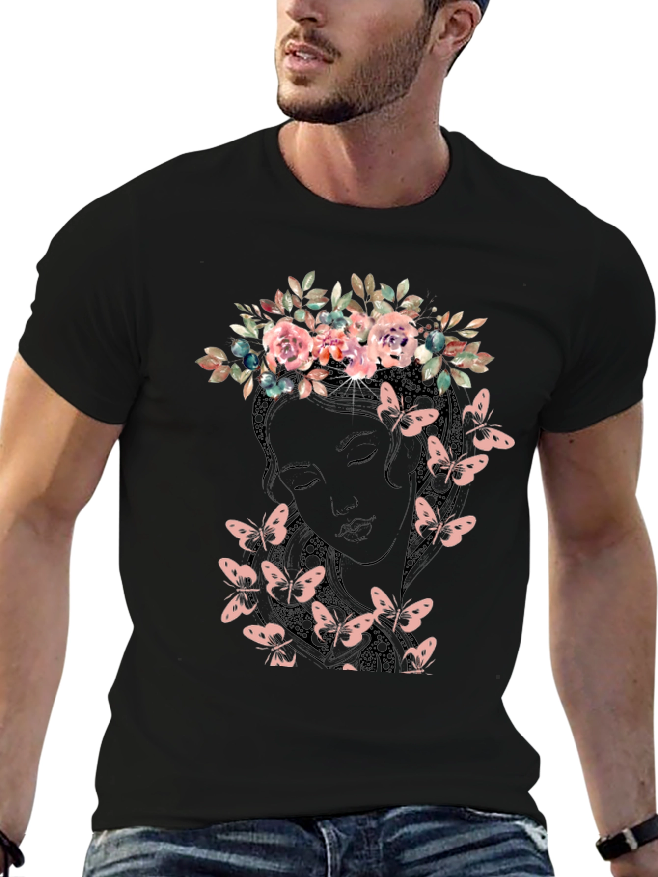 Floral Crown Butterfly Graphic Tee - Black