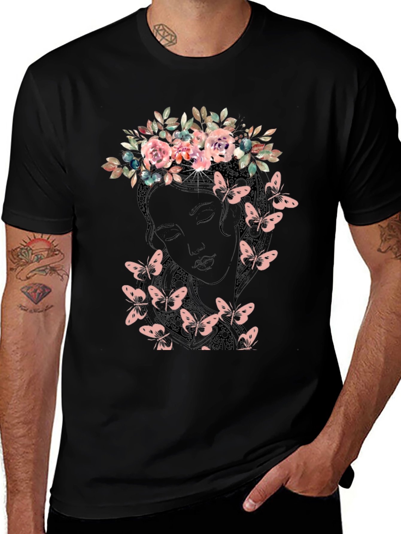 Floral Crown Butterfly Graphic Tee - Black