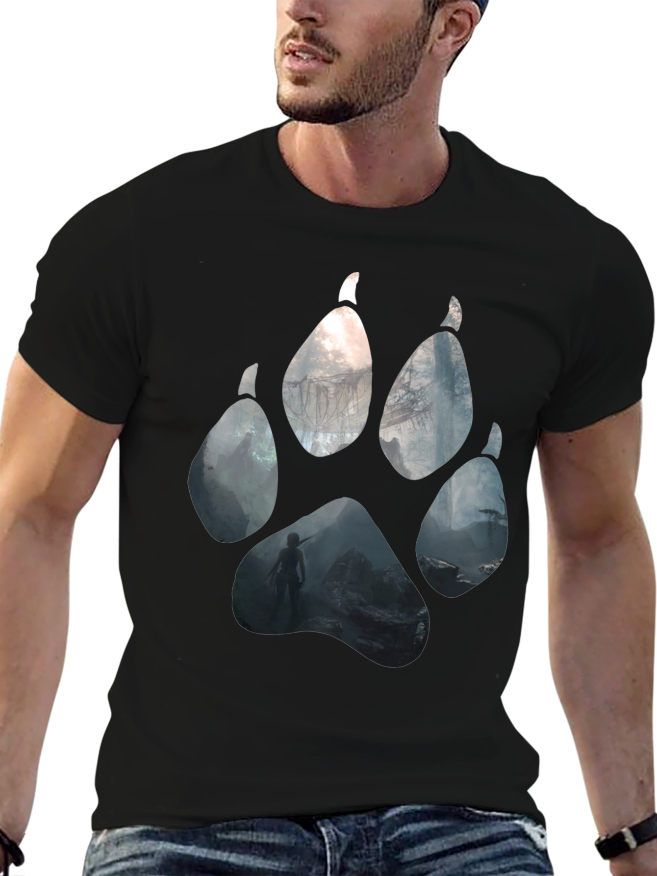 Wolf Paw Print Graphic Black T-Shirt
