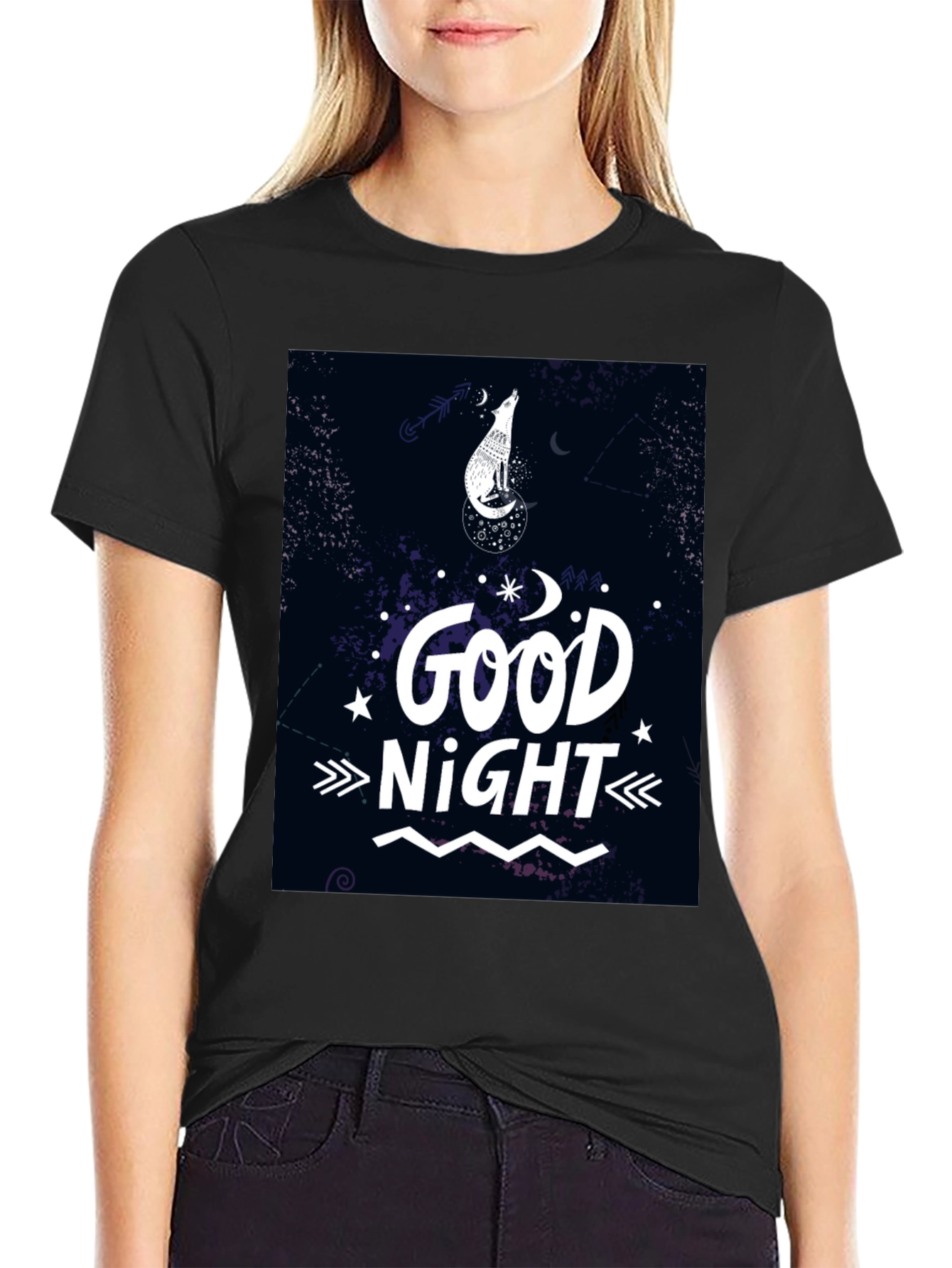 Good Night Wolf Graphic T-Shirt - Black