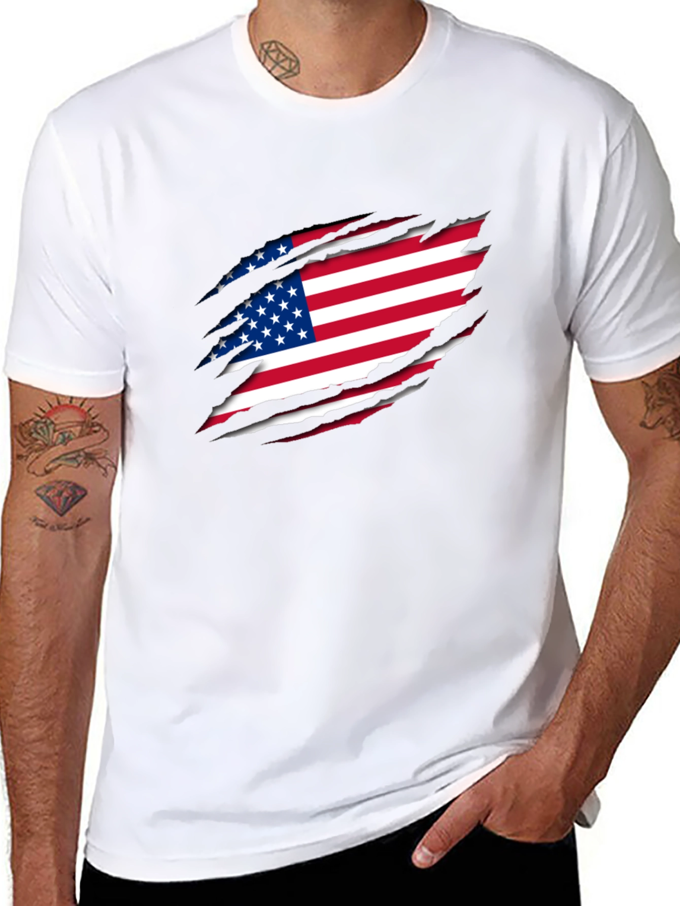 USA Flag Ripped Black T-Shirt Patriotic Design