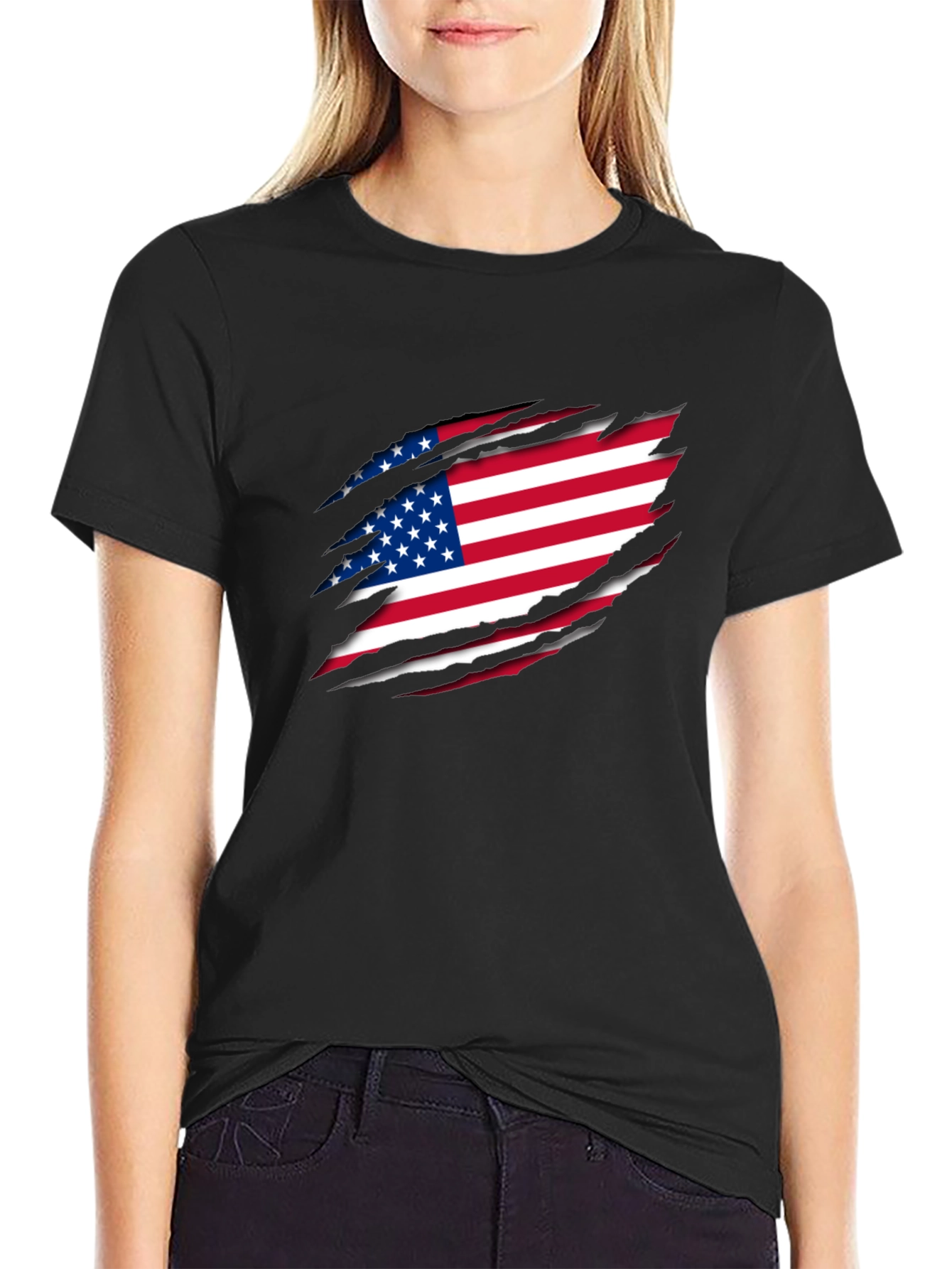USA Flag Ripped Black T-Shirt Patriotic Design