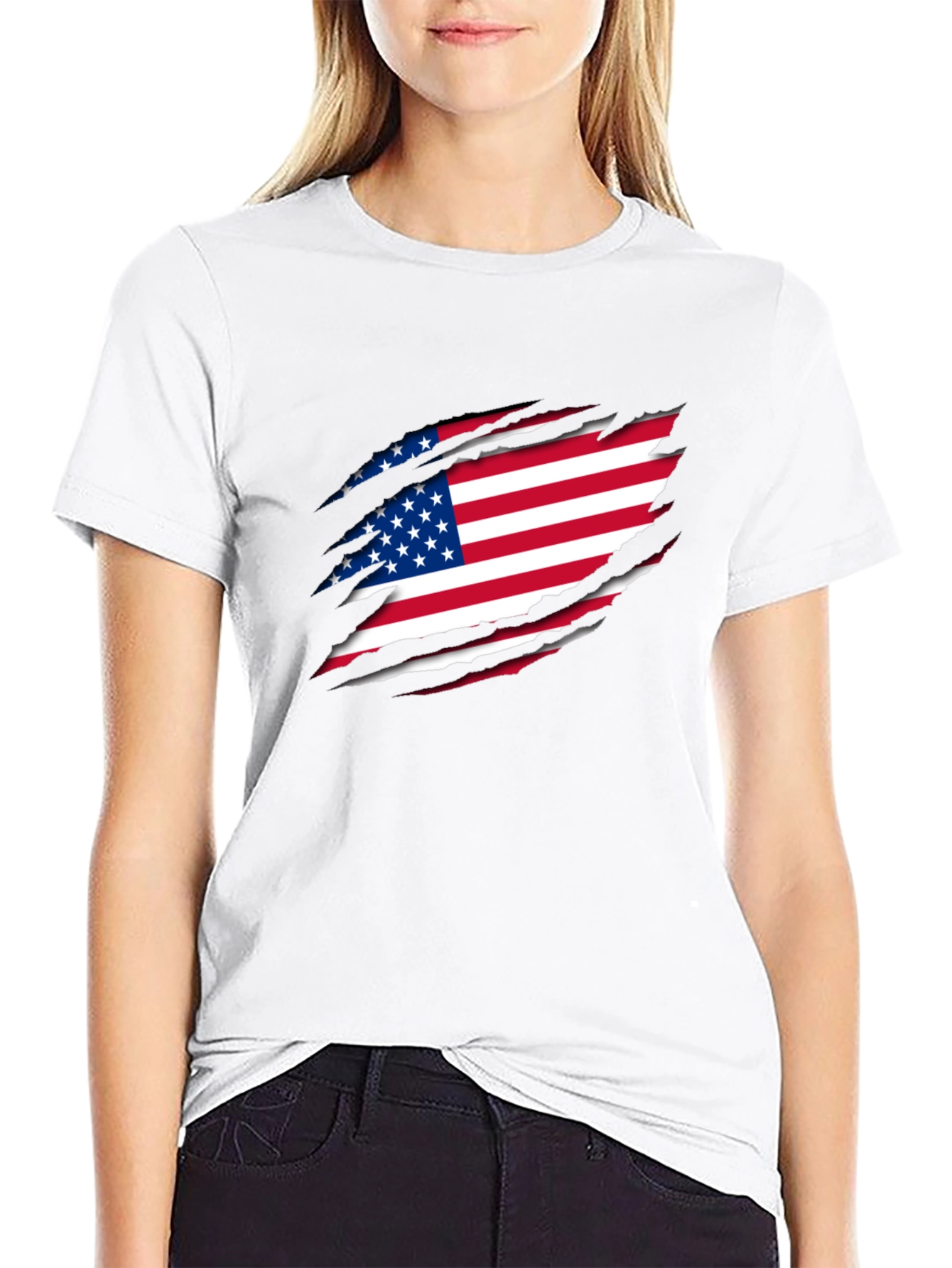 USA Flag Ripped Black T-Shirt Patriotic Design