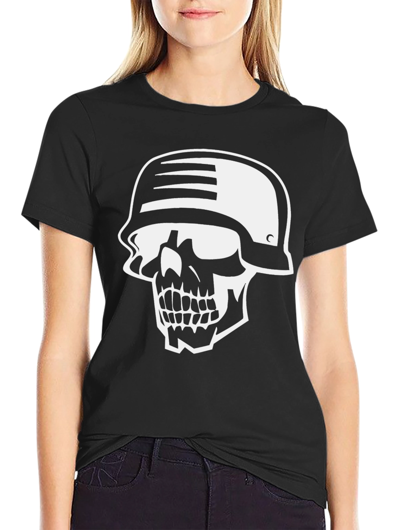 Skull Helmet Graphic Tee - Black Cotton T-Shirt
