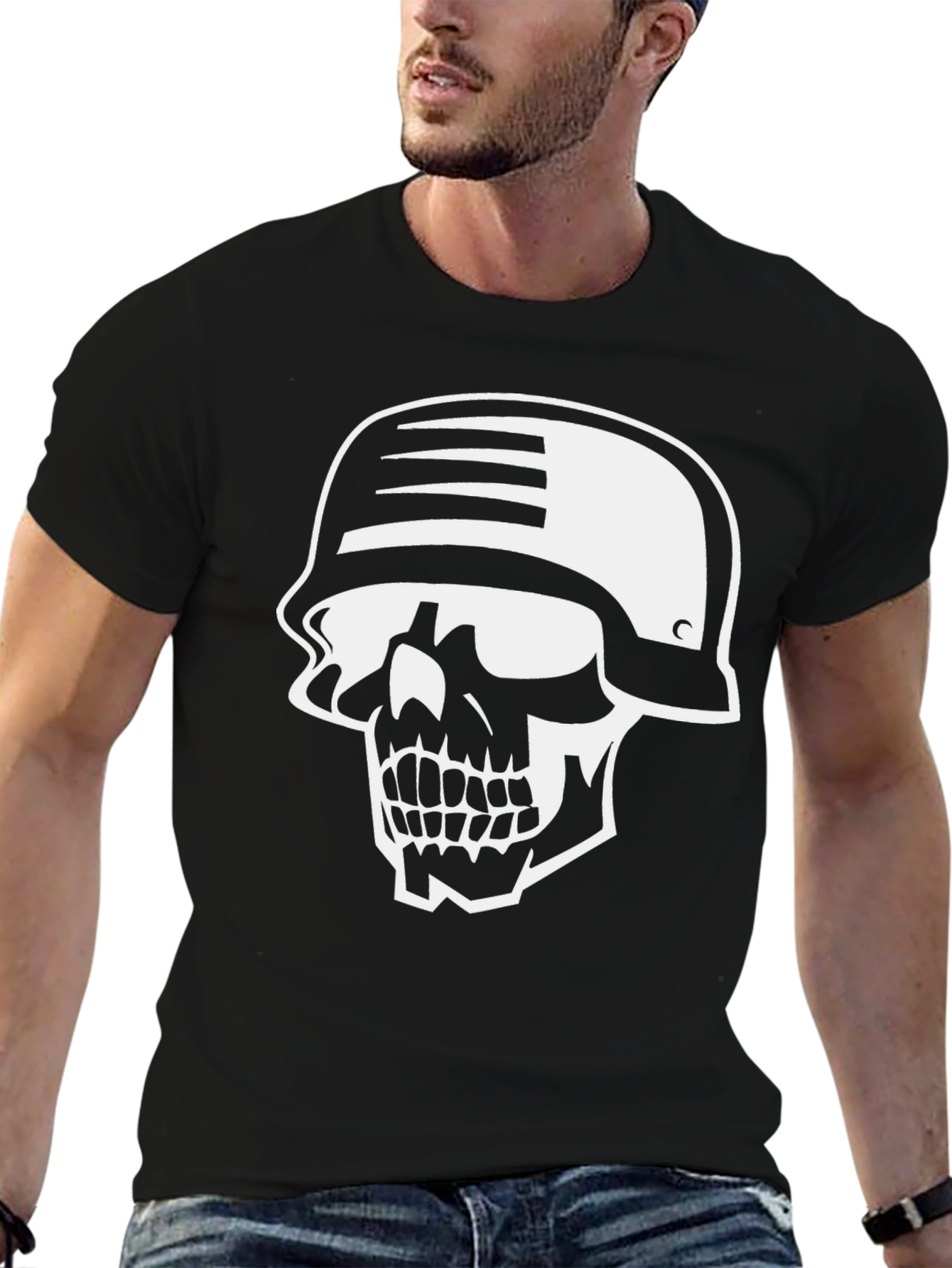 Skull Helmet Graphic Tee - Black Cotton T-Shirt
