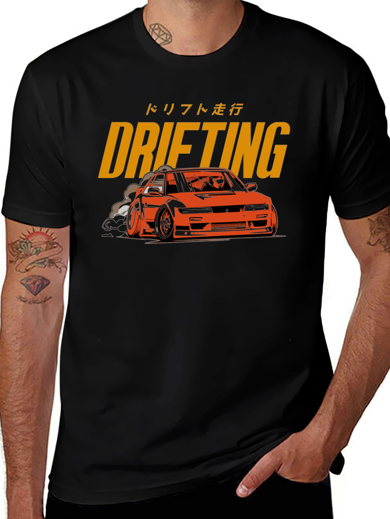 Drifting Car Graphic Tee - Black Cotton T-Shirt