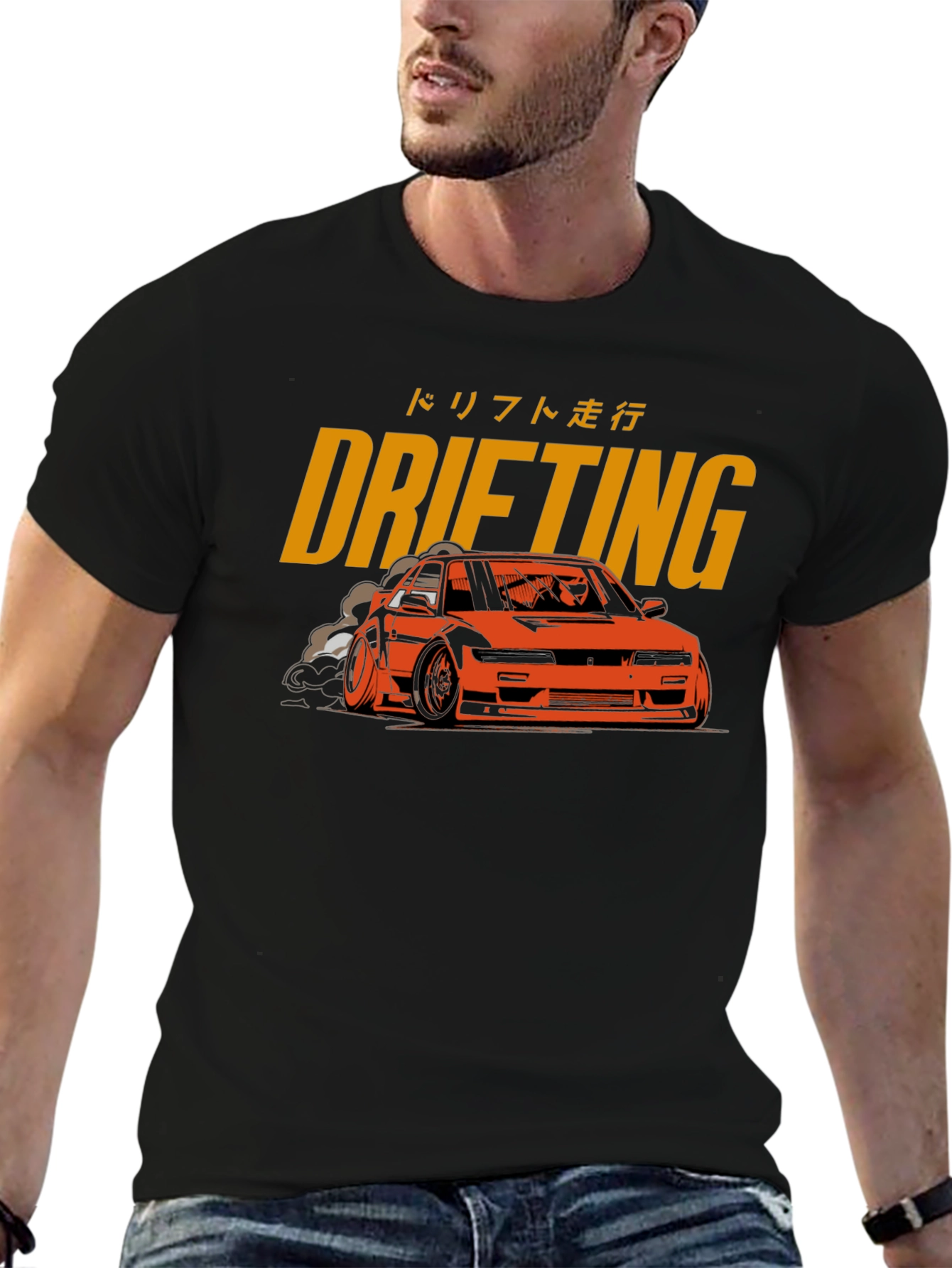 Drifting Car Graphic Tee - Black Cotton T-Shirt