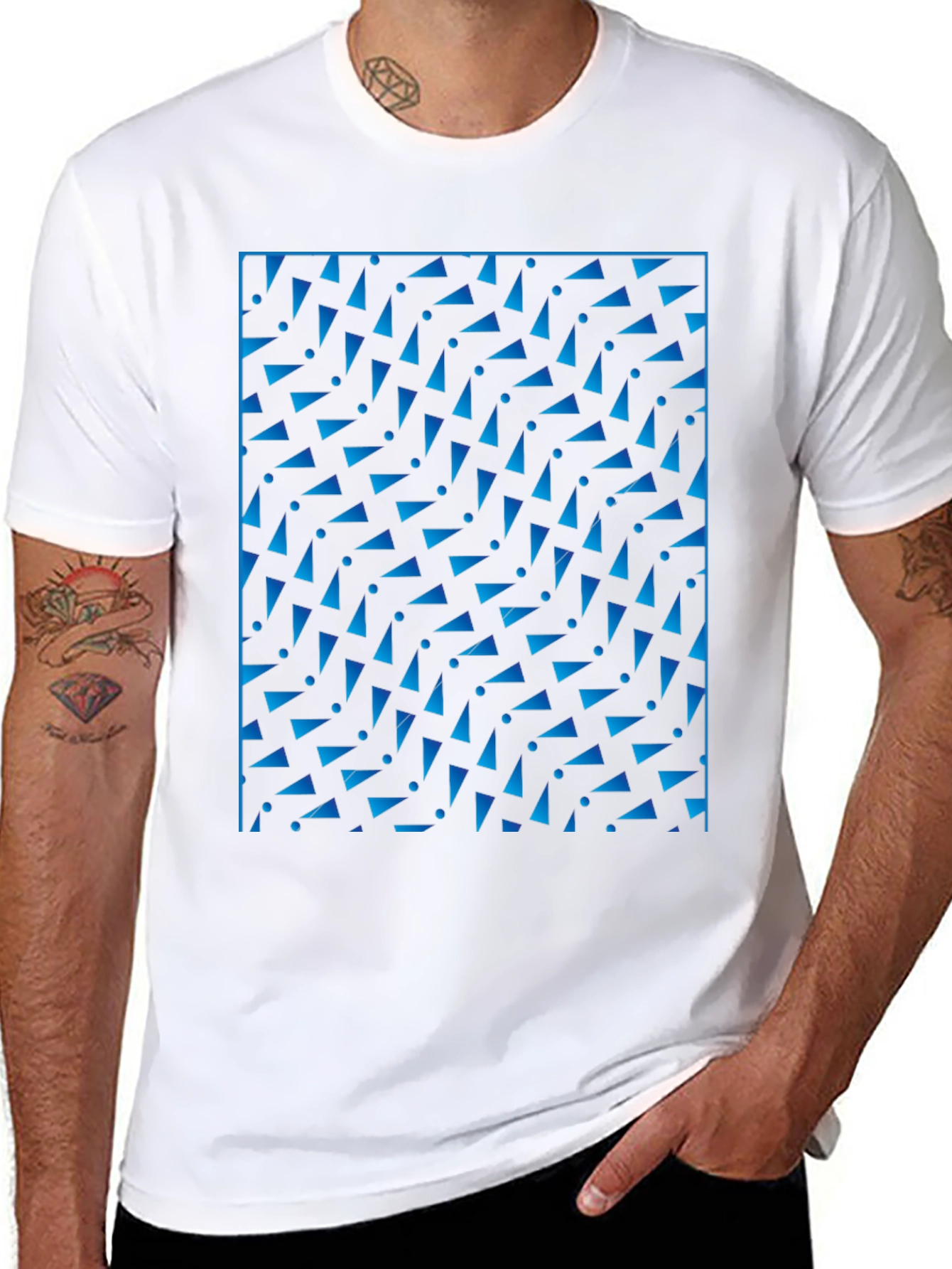Geometric Blue Pattern Black T-Shirt