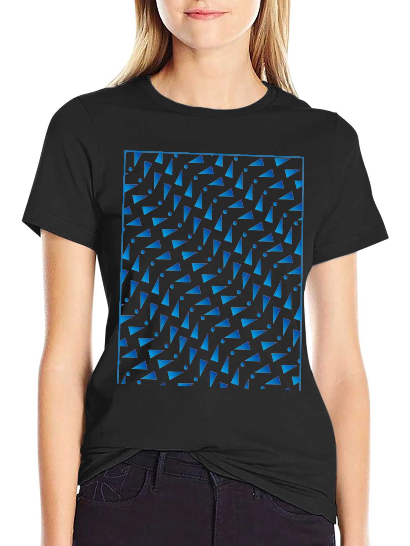 Geometric Blue Pattern Black T-Shirt