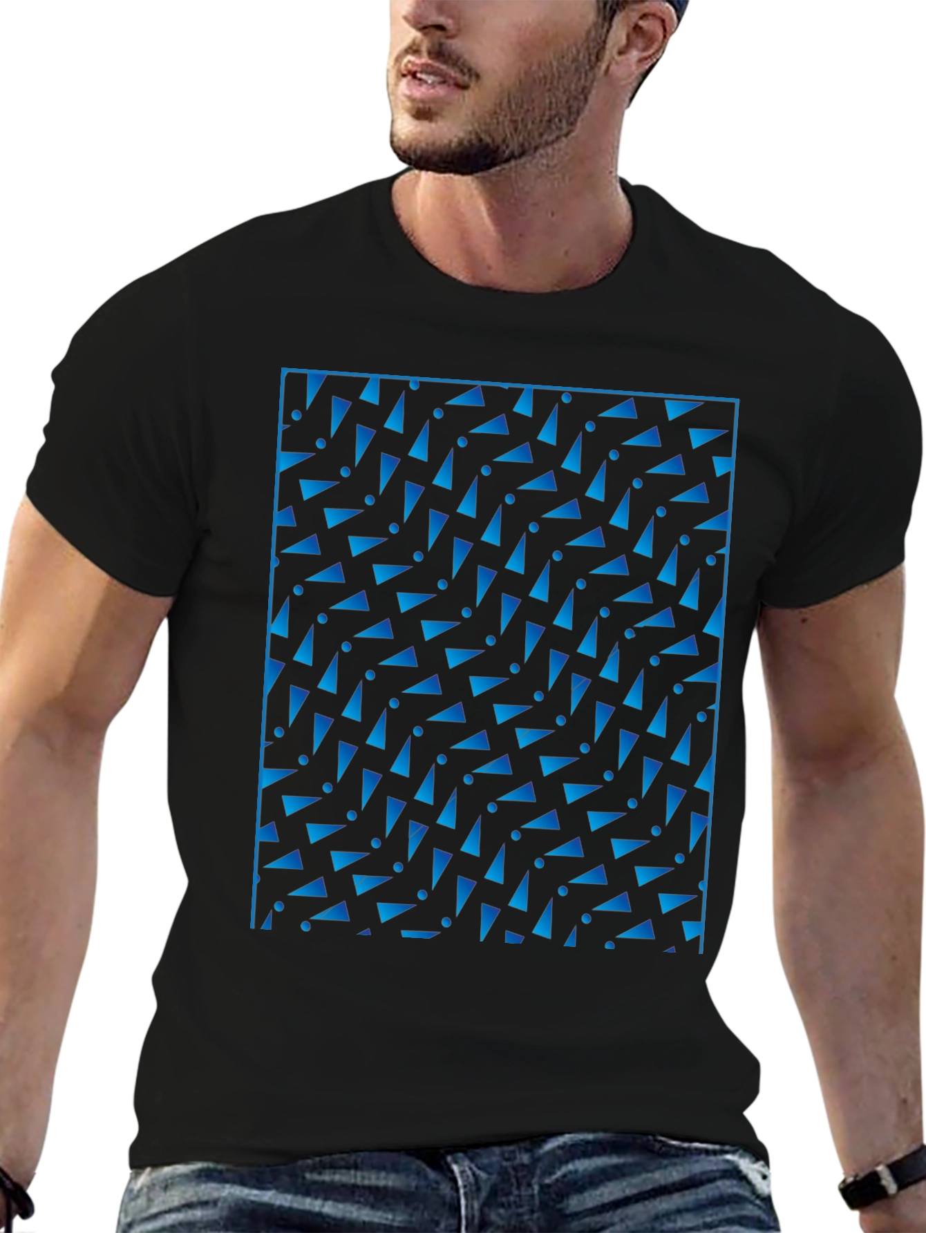 Geometric Blue Pattern Black T-Shirt